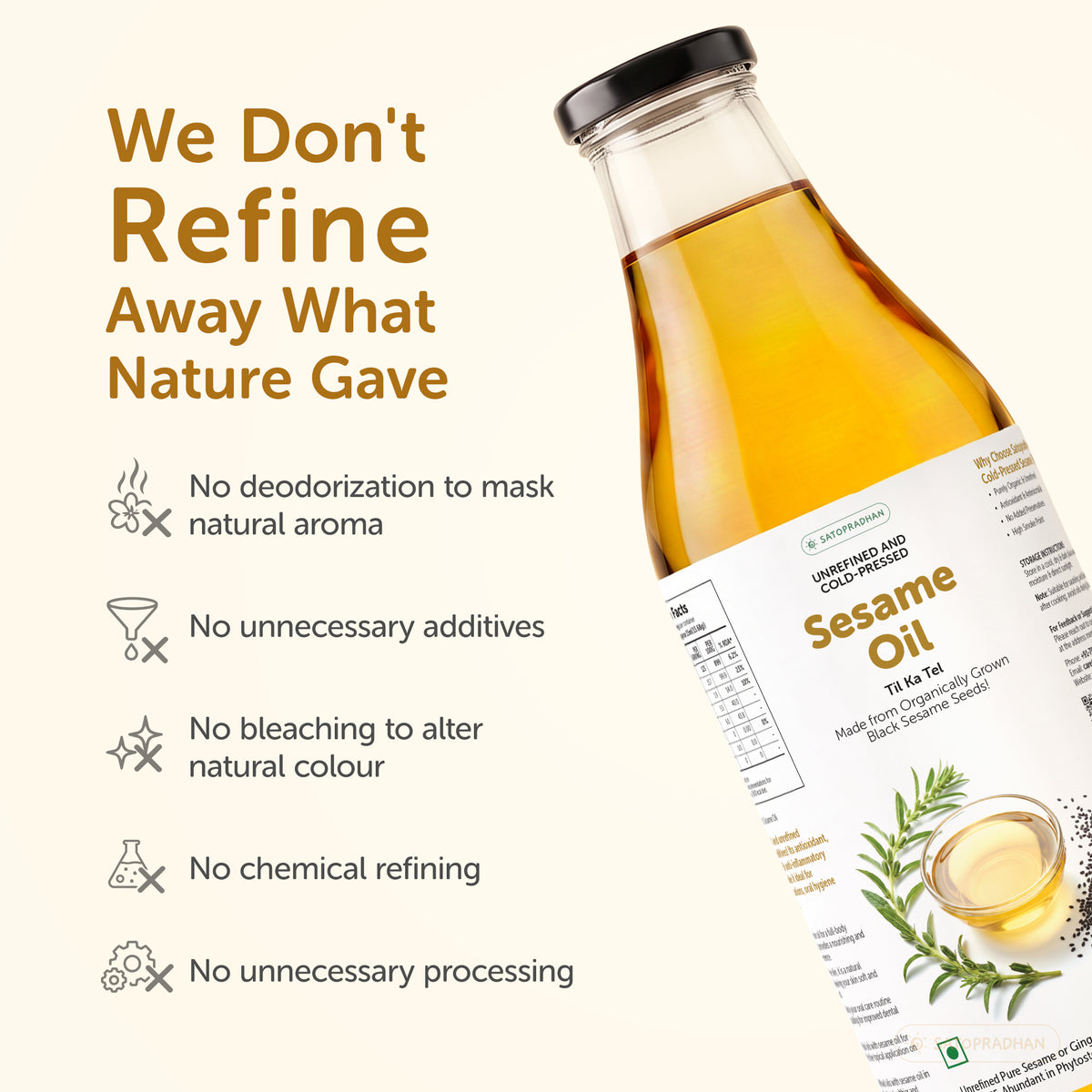 Sesame/Gingelly Oil 1000ml in reusable glass bottle - Pure & Wooden Cold-pressed without Chemicals - Extracted from Black Sesame Seeds | Meetha Tel