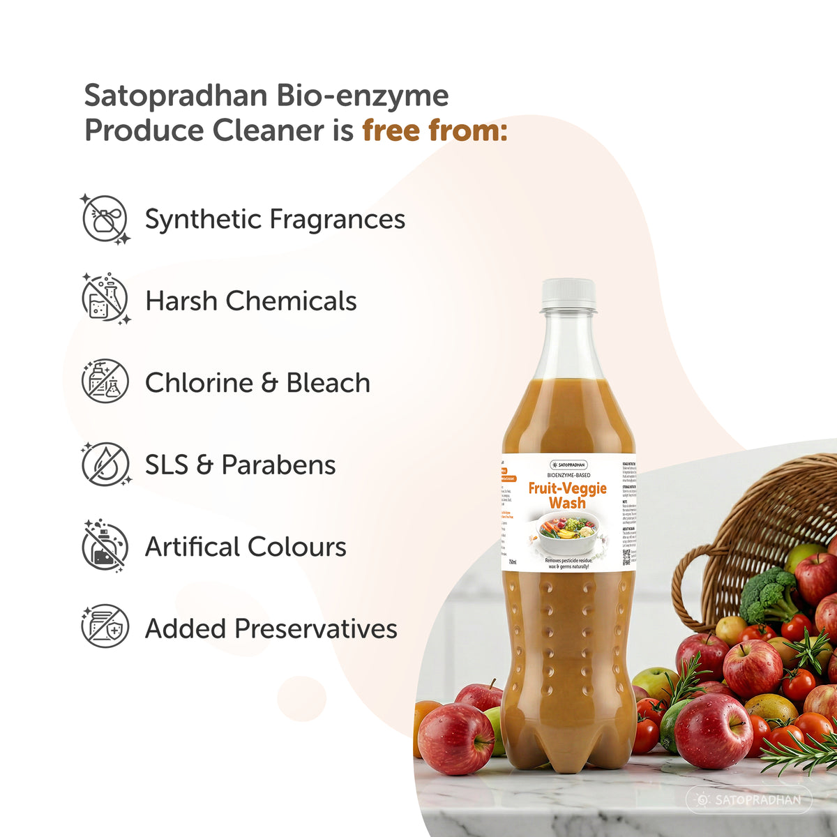 Natural Fruit & Vegetable Wash 750ml/1.9L - Bioenzyme-Based Produce Cleaner - Chemical-Free Vegetable Wash Liquid Cleaner