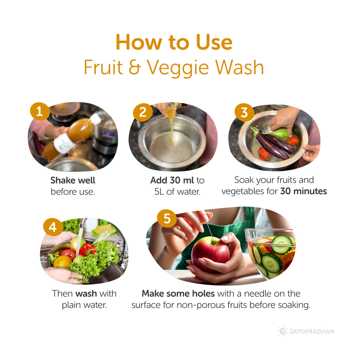 shakewell, add 30ml, soak your fruits and vegetables for 30min, wash with plain water, make some holes with a needle on the surface for non porous fruits before soaking