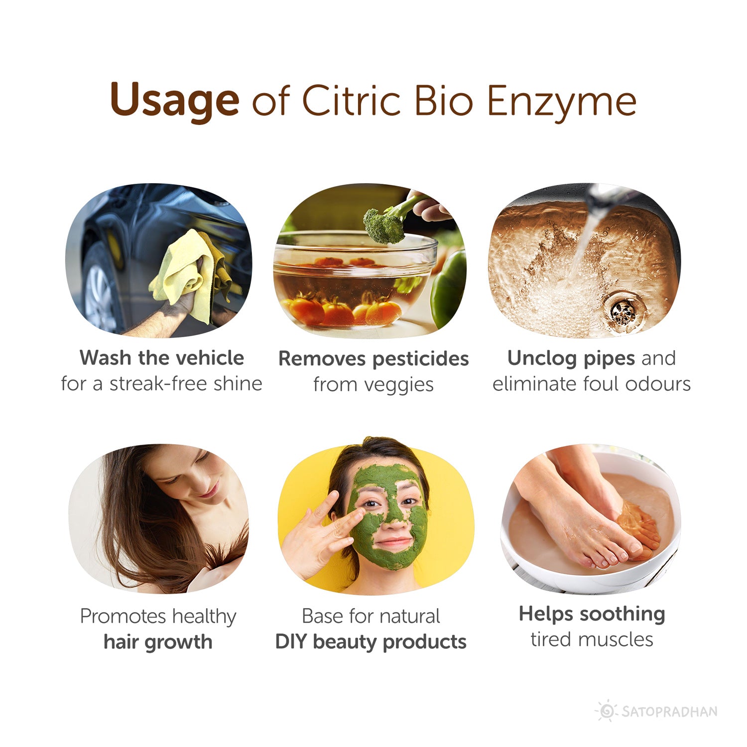 Wash the vehicle
for a streak-free shine, Removes pesticides
from veggies, Unclog pipes and
eliminate foul odours, Promotes healthy
hair growth, Base for natural
DIY beauty products, Helps soothing
tired muscles