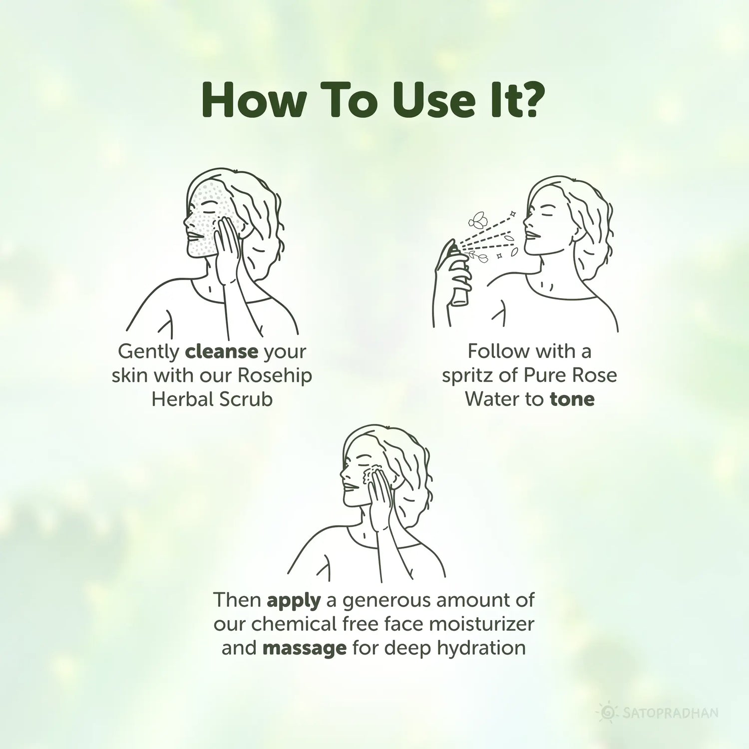 cleanse your skin, spritz of pure rose water, massage for deep hydration