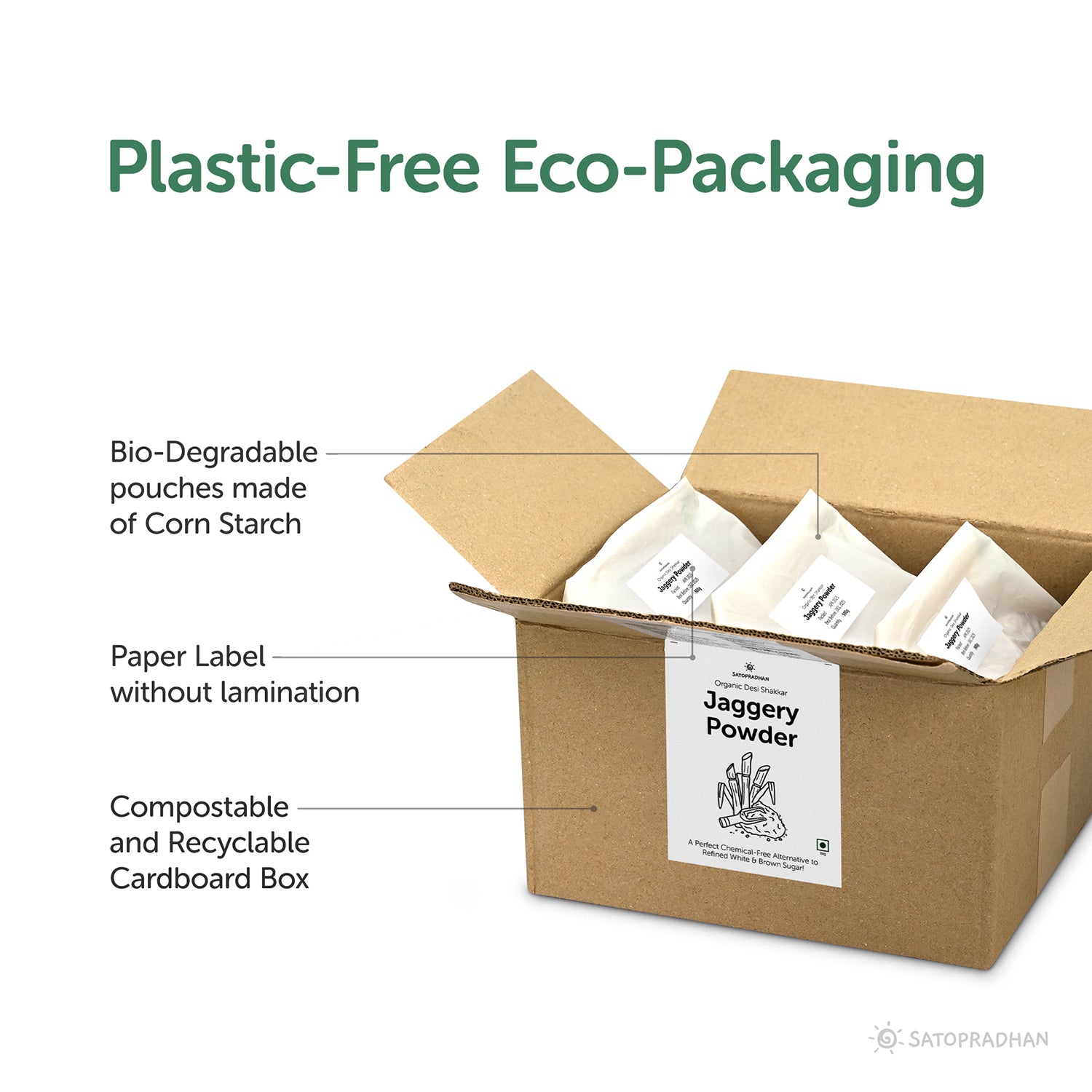 Jaggery Powder-  100% Organic, Natural &  Chemical-Free Desi Shakkar 800g/4.5kg - A Pure & Healthier Sugar Alternative - Dark Brown with Pleasant Flavour, box, eco-packaging, natural, recyclable