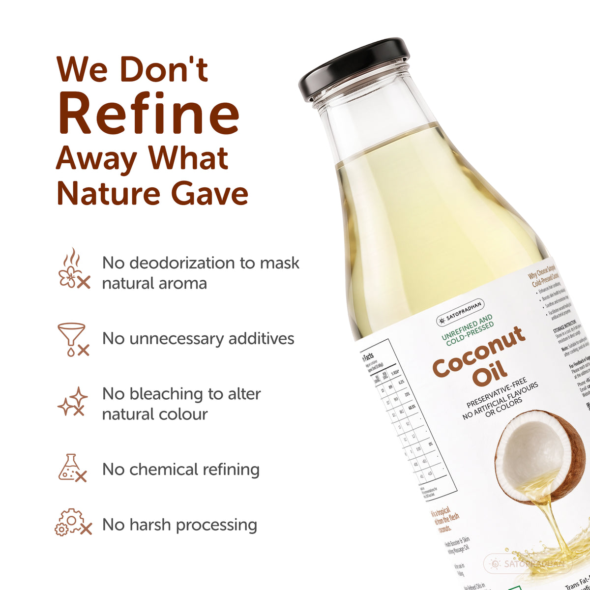 Coconut Oil - Wooden Cold-pressed- Choose from 1000ml or 500ml Multipurpose Oil Without Chemicals in a Reusable Glass Bottle (Kachi Ghani)