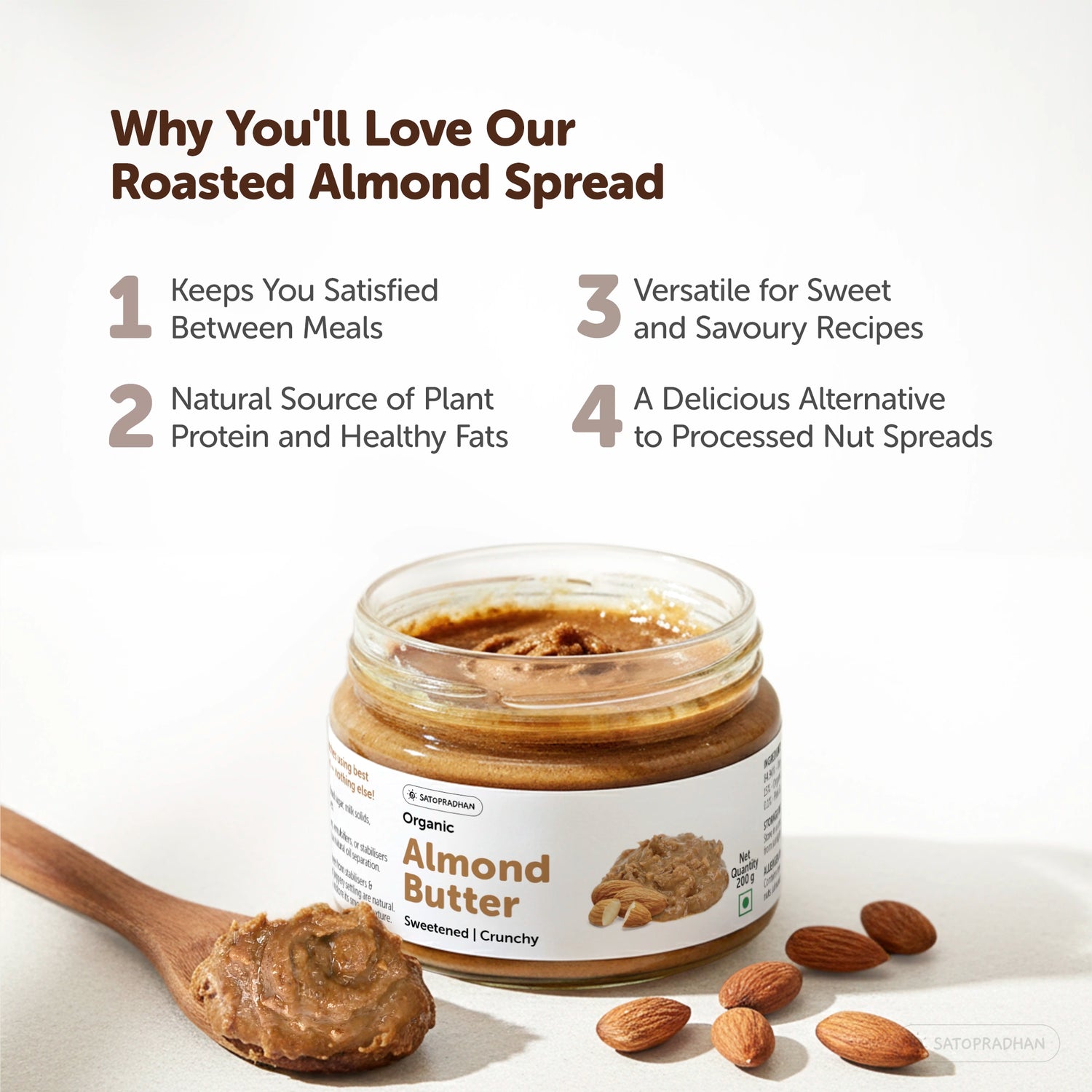Organic Almond Butter Crunchy 200g - Sweetened with Jaggery - No Palm Oil - Roasted Almond Spread