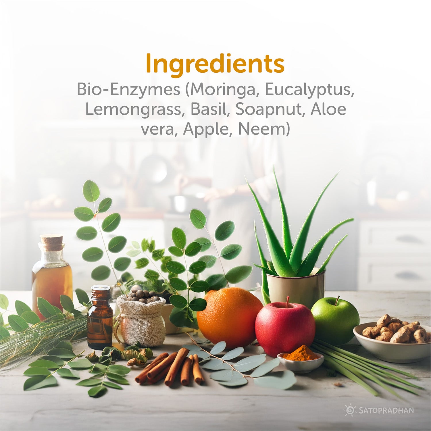 Ingredients for Fruit & Veggie Wash: Bio-Enzymes (Moringa, Eucalyptus, Lemongrass, Basil, Soapnut, Aloe vera, Apple, Neem)