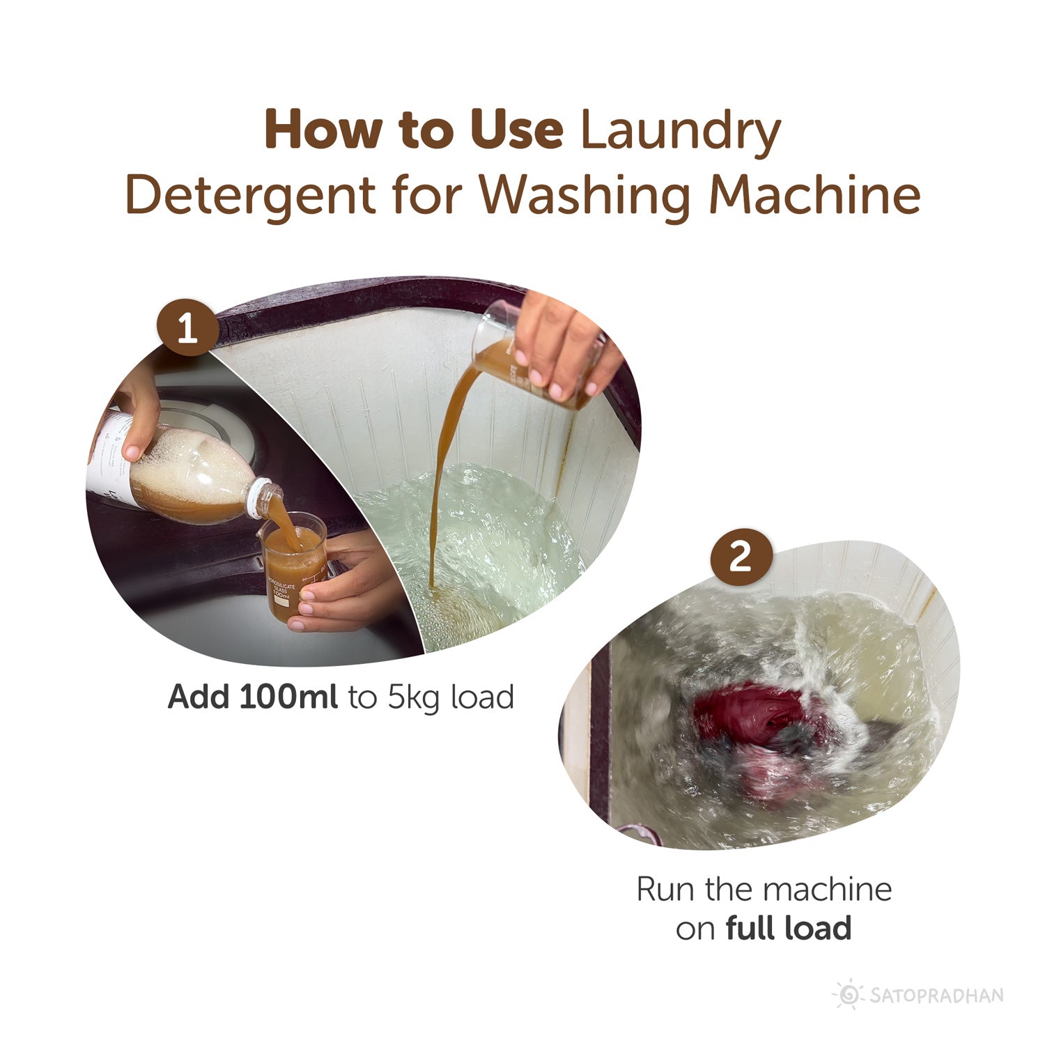 How to use natural laundry liquid for machine wash: Add 100ml of the laundry liquid to a 5kg load of clothes and run the machine on a full load cycle for effective cleaning