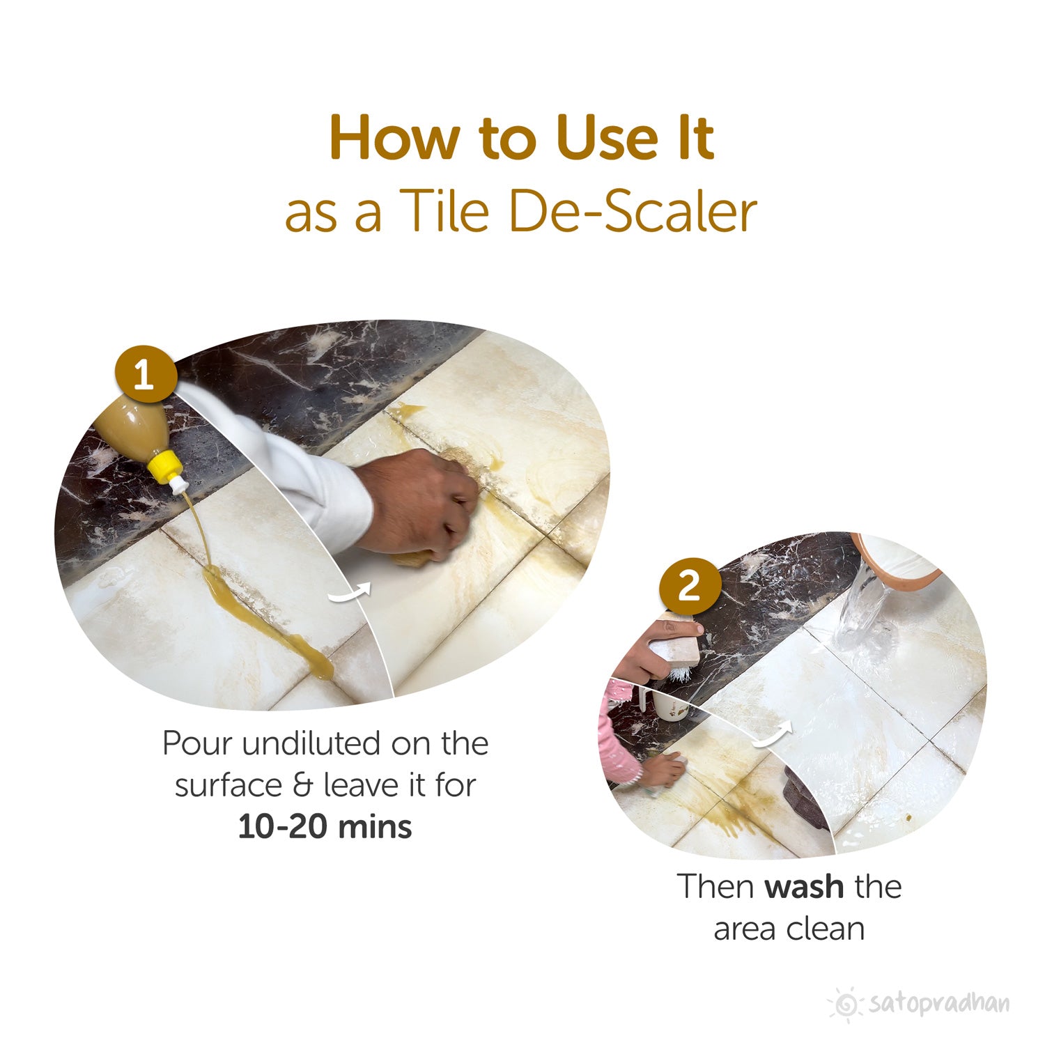 Pour undiluted on the surface 8 leave it for  10-20 mins, Then wash the
area clean