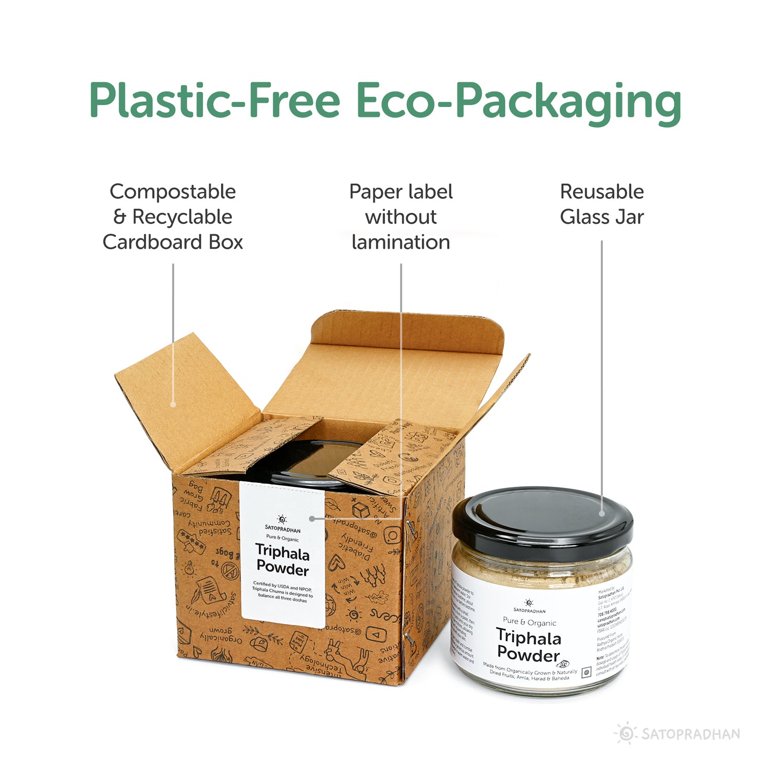 eco packaging triphla powder made from organic and dried amla