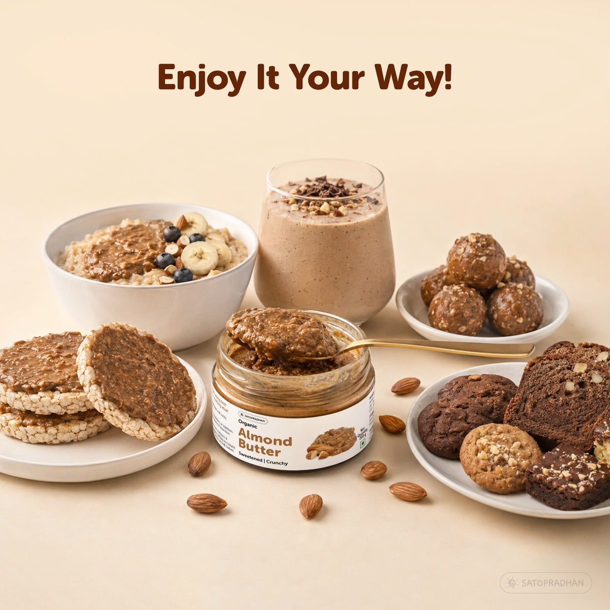 Organic Almond Butter Crunchy 200g - Sweetened with Jaggery - No Palm Oil - Roasted Almond Spread
