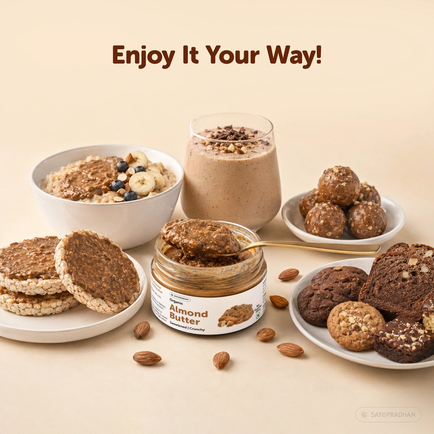 Organic Almond Butter Crunchy 200g - Sweetened with Jaggery - No Palm Oil - Roasted Almond Spread