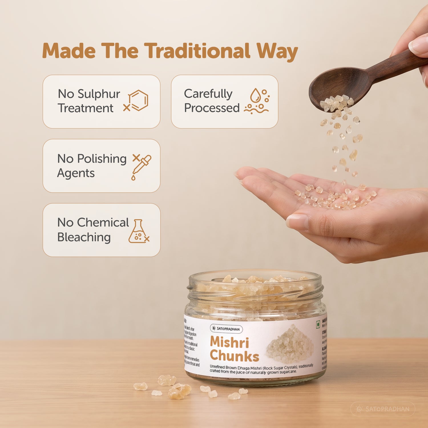 Brown Dhaga Mishri Chunks 150g – Rock Sugar Crystals - Unrefined, Chemical-Free Sweetener