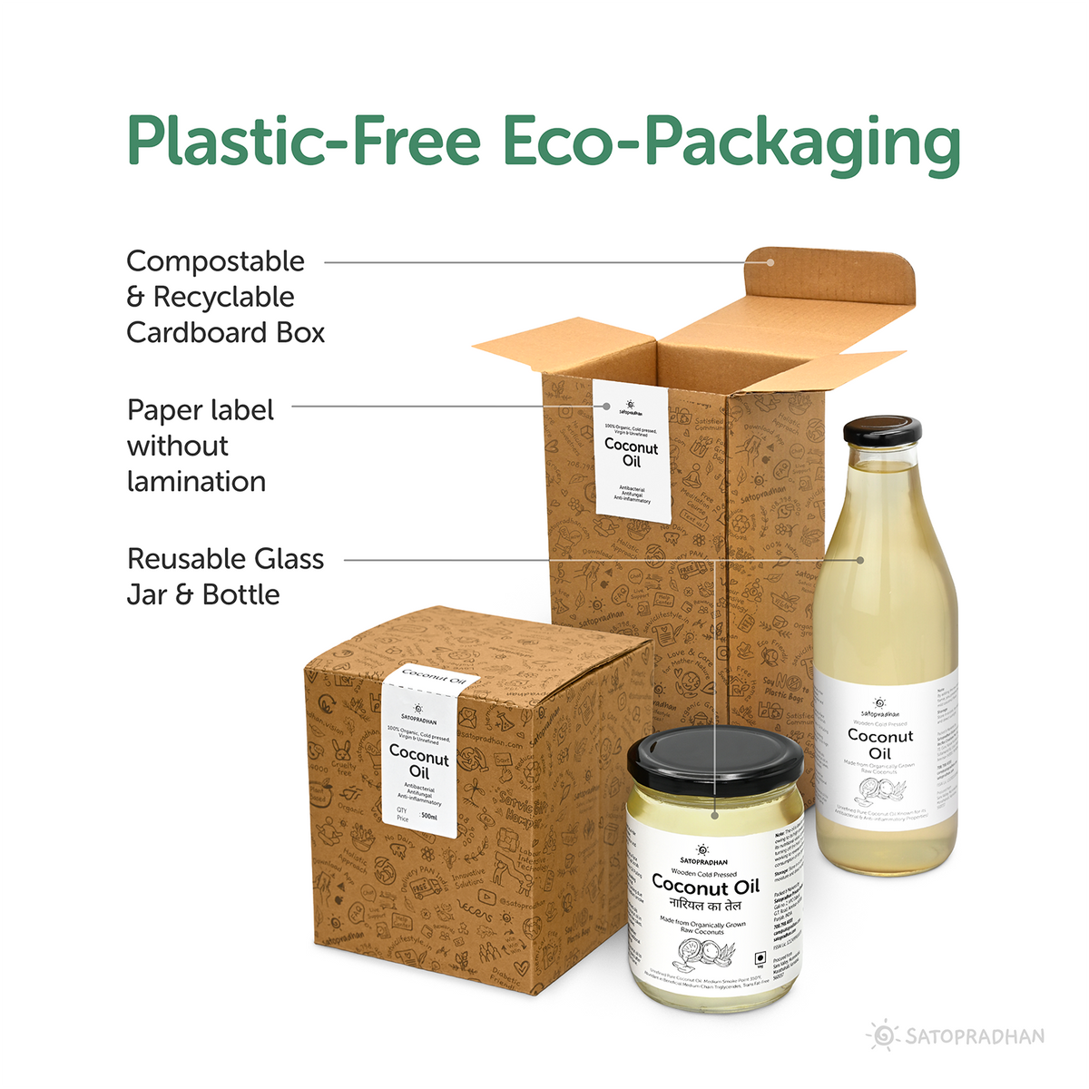 Coconut Oil - 100% Organic, Virgin  & Wooden Cold-pressed 1000ml/500ml Multipurpose Oil Without Chemicals in a Reusable Glass Bottle (Kachi Ghani), Packaging, Pack, Eco-Packaging, Glass Bottle, Glass Jar