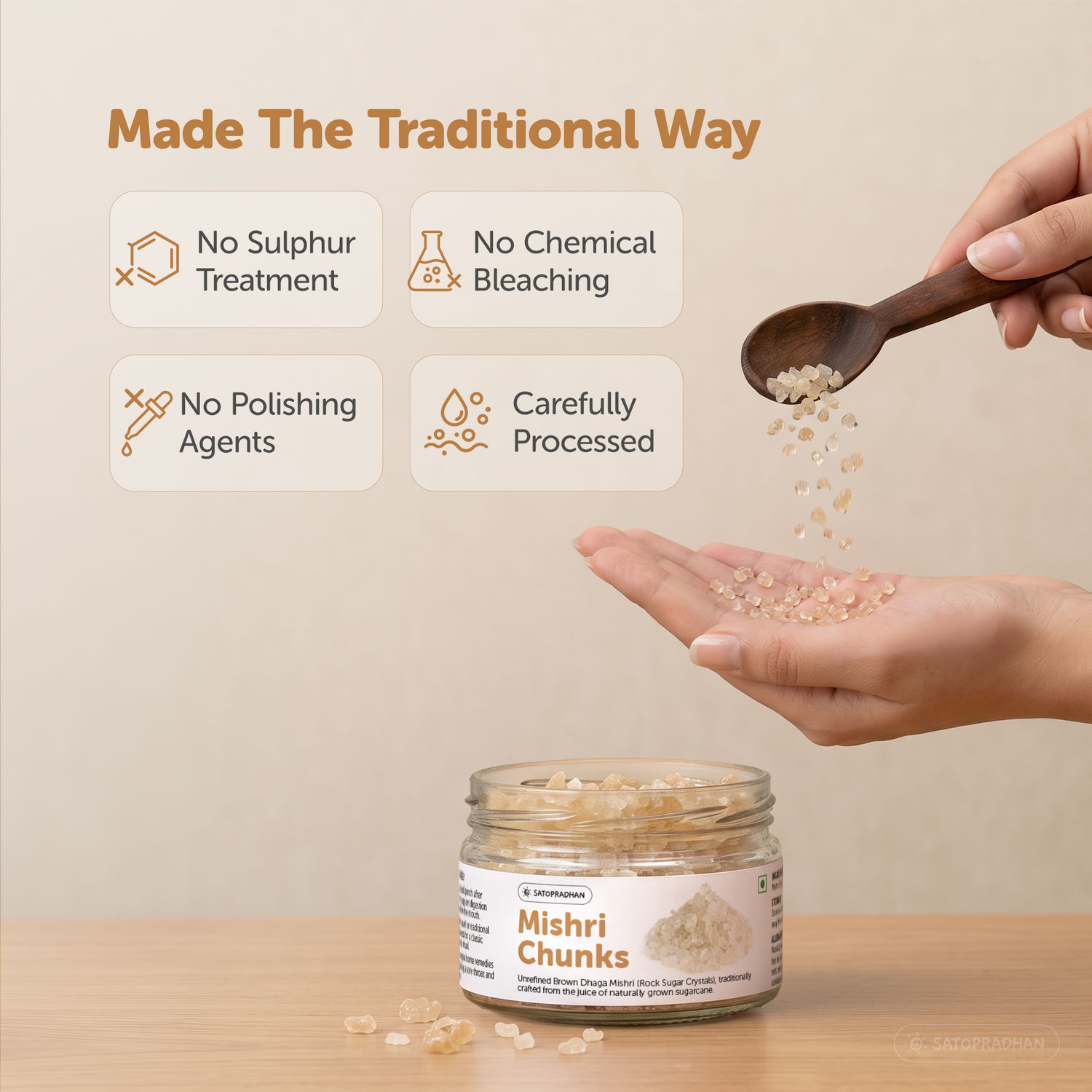 Made the traditional Way | Brown Dhaga Mishri Chunks 150g – Rock Sugar Crystals - Unrefined, Chemical-Free Sweetener