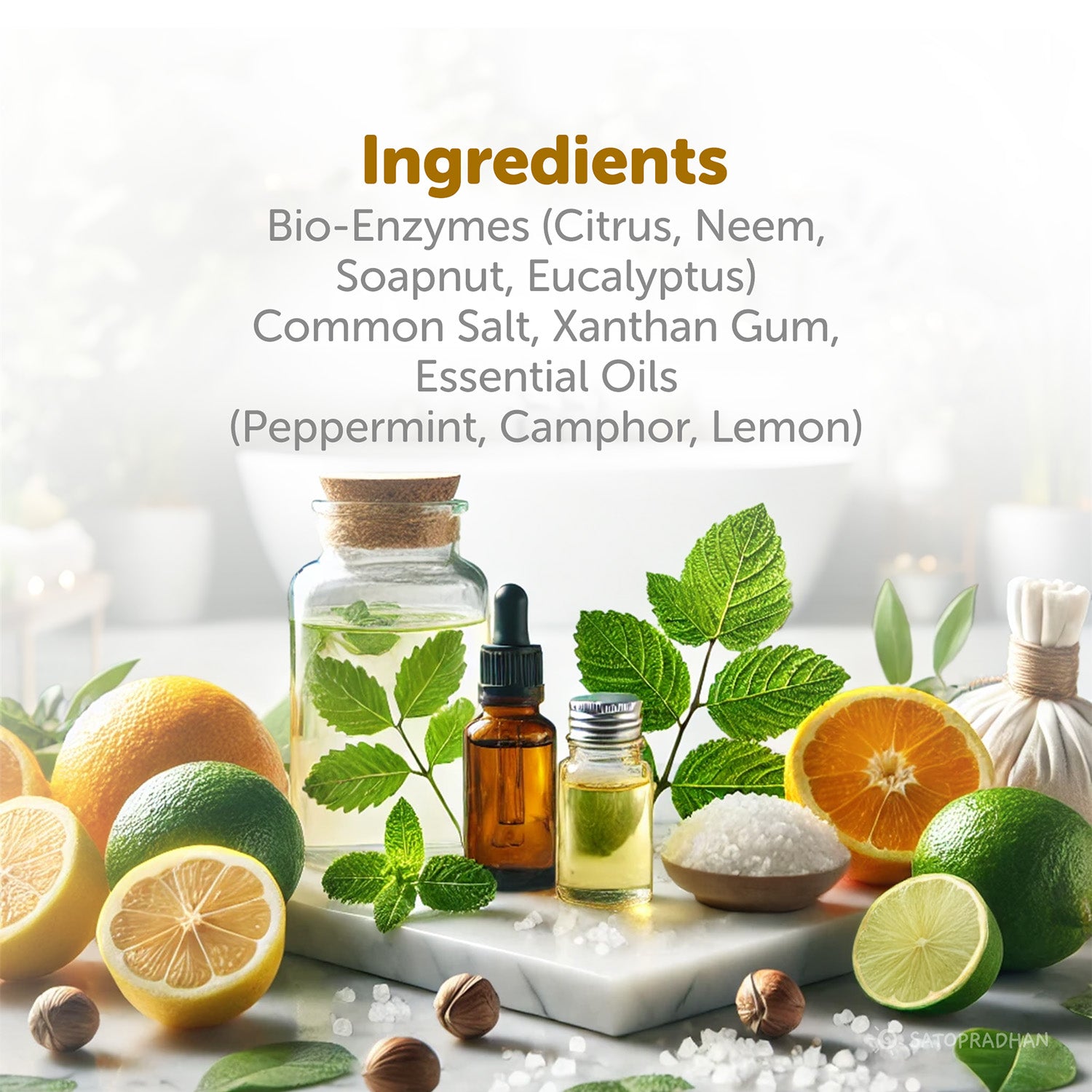 Ingredients list with natural products including citrus fruits, herbs, and bottles on a light background.