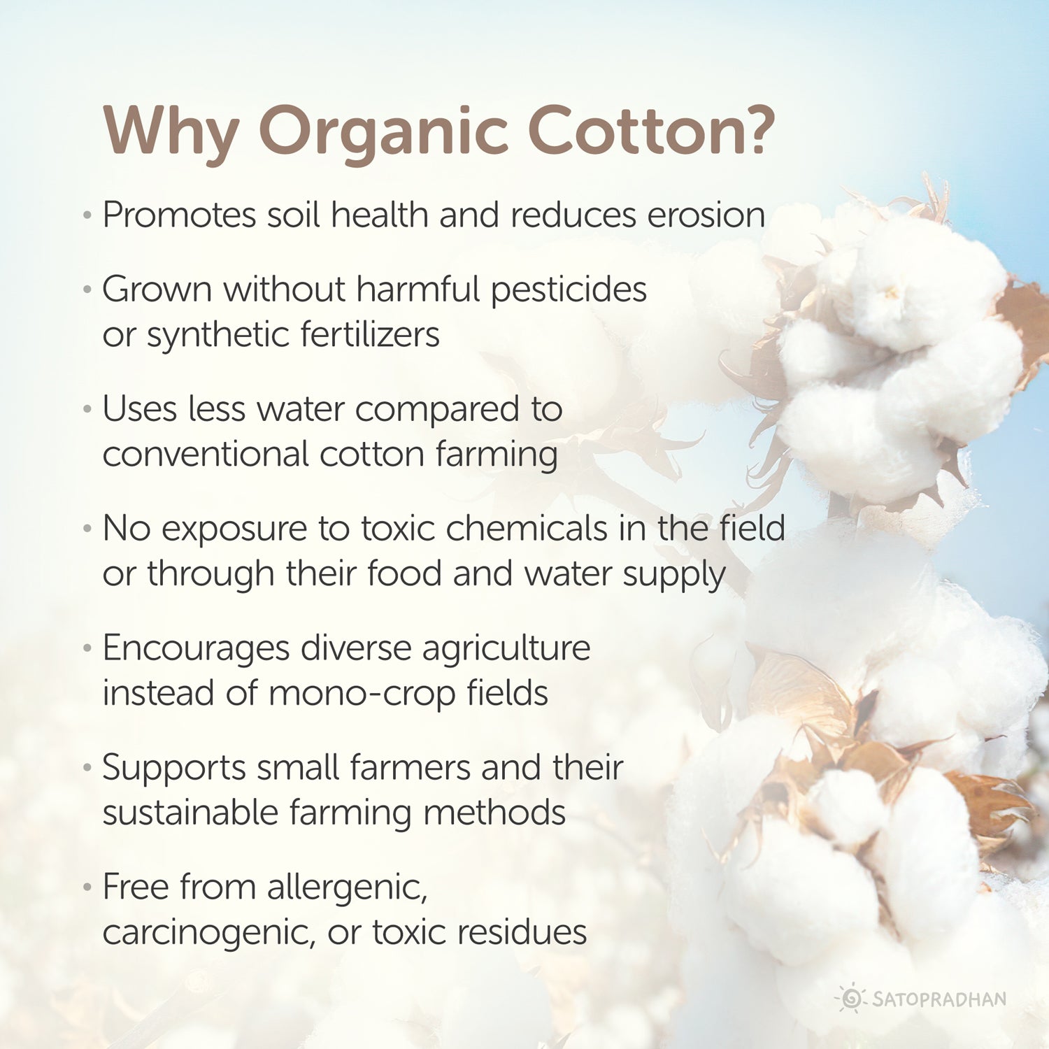 Why Organic Cotton: promotes soil health, avoids harmful pesticides, uses less water, and supports small-scale, sustainable farming