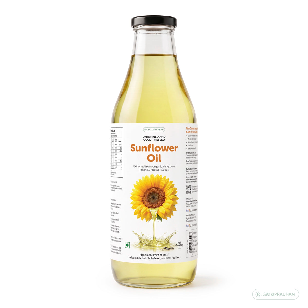 Organic Sunflower Oil 1000ml - Pure, Unrefined, Single-Filtered, Virgin & Wooden Cold-Pressed (Kacchi Ghani) Without Preservatives | Reusable Glass Bottle