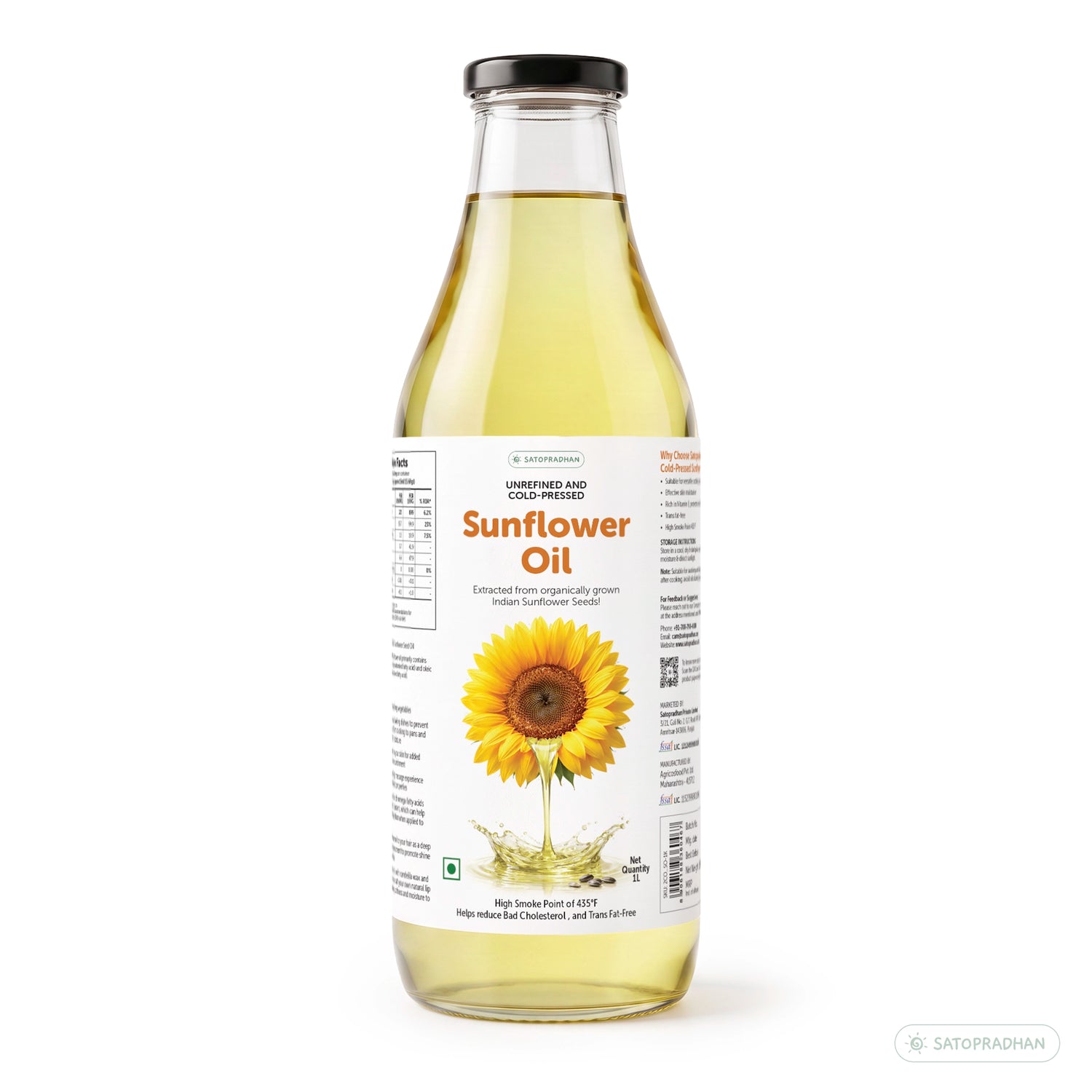 Organic Sunflower Oil 1000ml - Pure, Unrefined, Single-Filtered, Virgin & Wooden Cold-Pressed (Kacchi Ghani) Without Preservatives | Reusable Glass Bottle