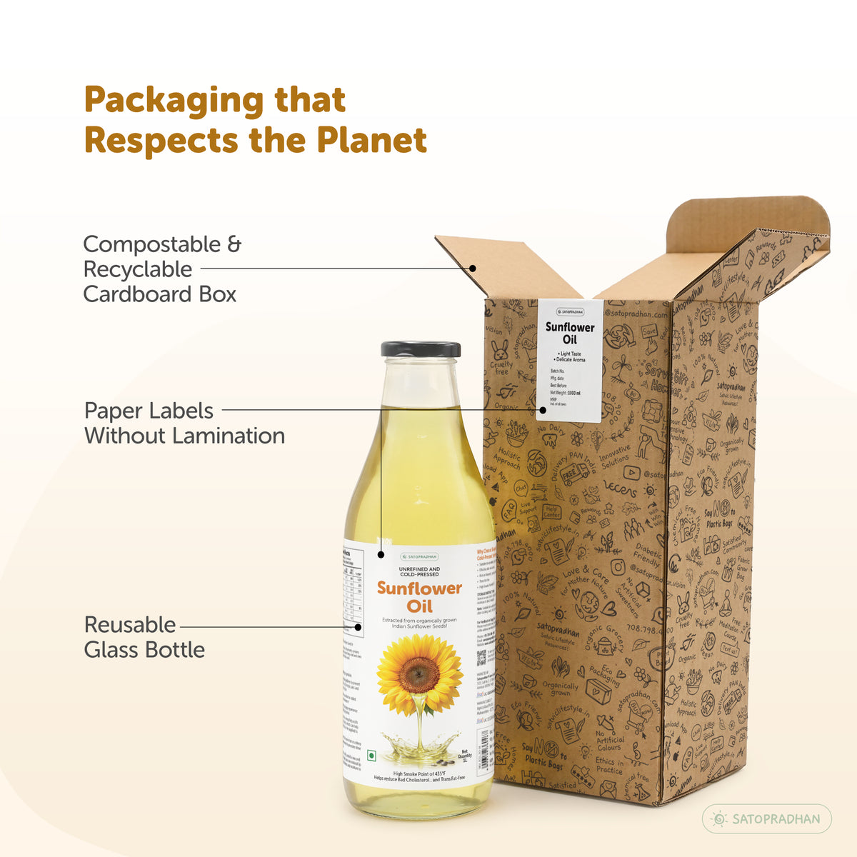 Organic Sunflower Oil 1000ml - Pure, Unrefined, Single-Filtered, Virgin & Wooden Cold-Pressed (Kacchi Ghani) Without Preservatives | Reusable Glass Bottle