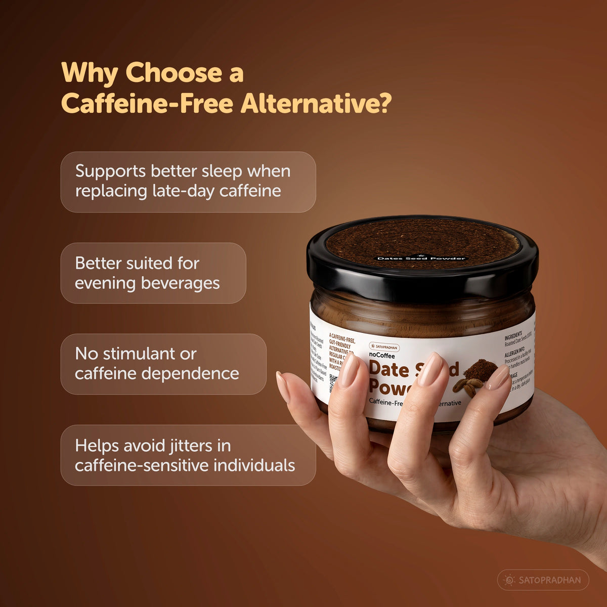 noCoffee Date Seed Powder 100g - Best Caffeine Free Coffee Alternative – Non Acidic Coffee for GERD & IBS – Organic, Gut Friendly, Plant-Based Coffee Substitute – Coarsely Ground