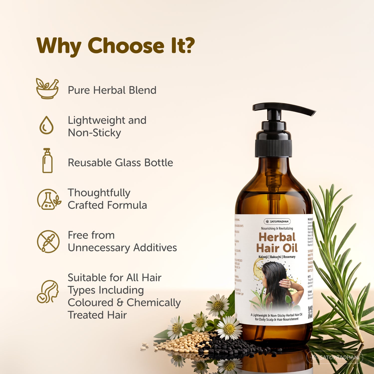 Herbal Hair Oil 200ml - Bakuchi, Kalonji & Rosemary Oil For Hair Growth & Thickness - Supports Hairfall Control & Scalp Health - Non-Sticky Oil - Plant-Based & Eco-friendly Hair Oil for Dry, Wavy & Curly Hair