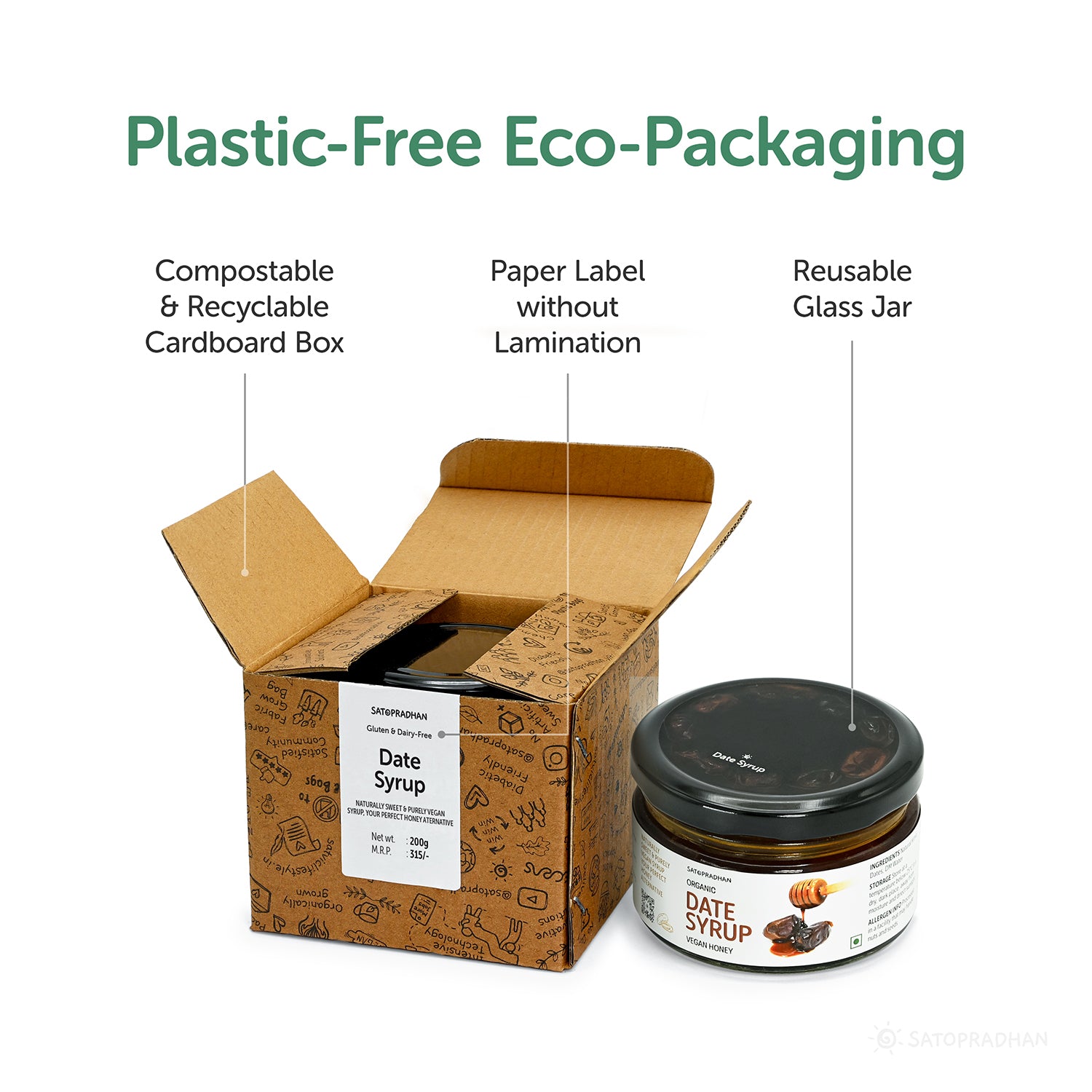 Pure Date Syrup 200g- Premium Kimia Date Syrup- Natural Alternative to Bee Honey for Vegans - Satvic Sweetener-Healthy Alternative to Refined Sugar, Maple Syrup, & Honey-Plant-Based Date Honey | Packing | Eco Friendly Packing 