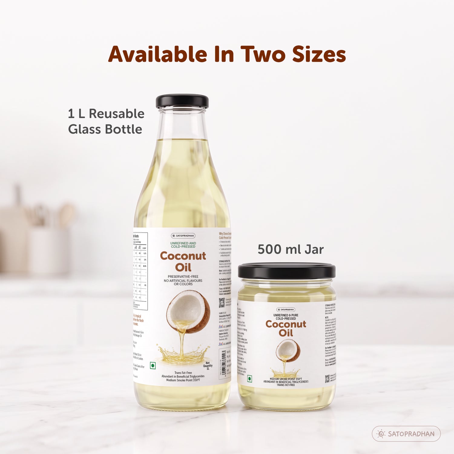 Coconut Oil - Wooden Cold-pressed- Choose from 1000ml or 500ml Multipurpose Oil Without Chemicals in a Reusable Glass Bottle (Kachi Ghani)