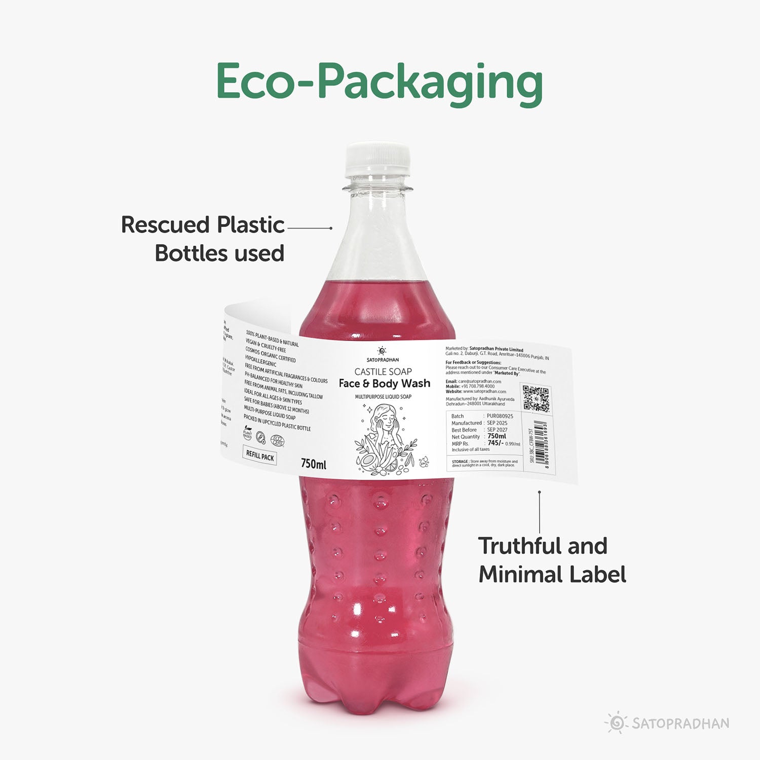 Pink bottle of face and body wash with eco-packaging label. Castile Face & Body Wash – 200ml Natural, Organic, Pure & Vegan Liquid Soap – Gentle & Multi-Purpose Cleanser– Ideal for Sensitive, Dry & Acne-Prone Skin – Eco-Friendly, Hypoallergenic & Non-Comedogenic