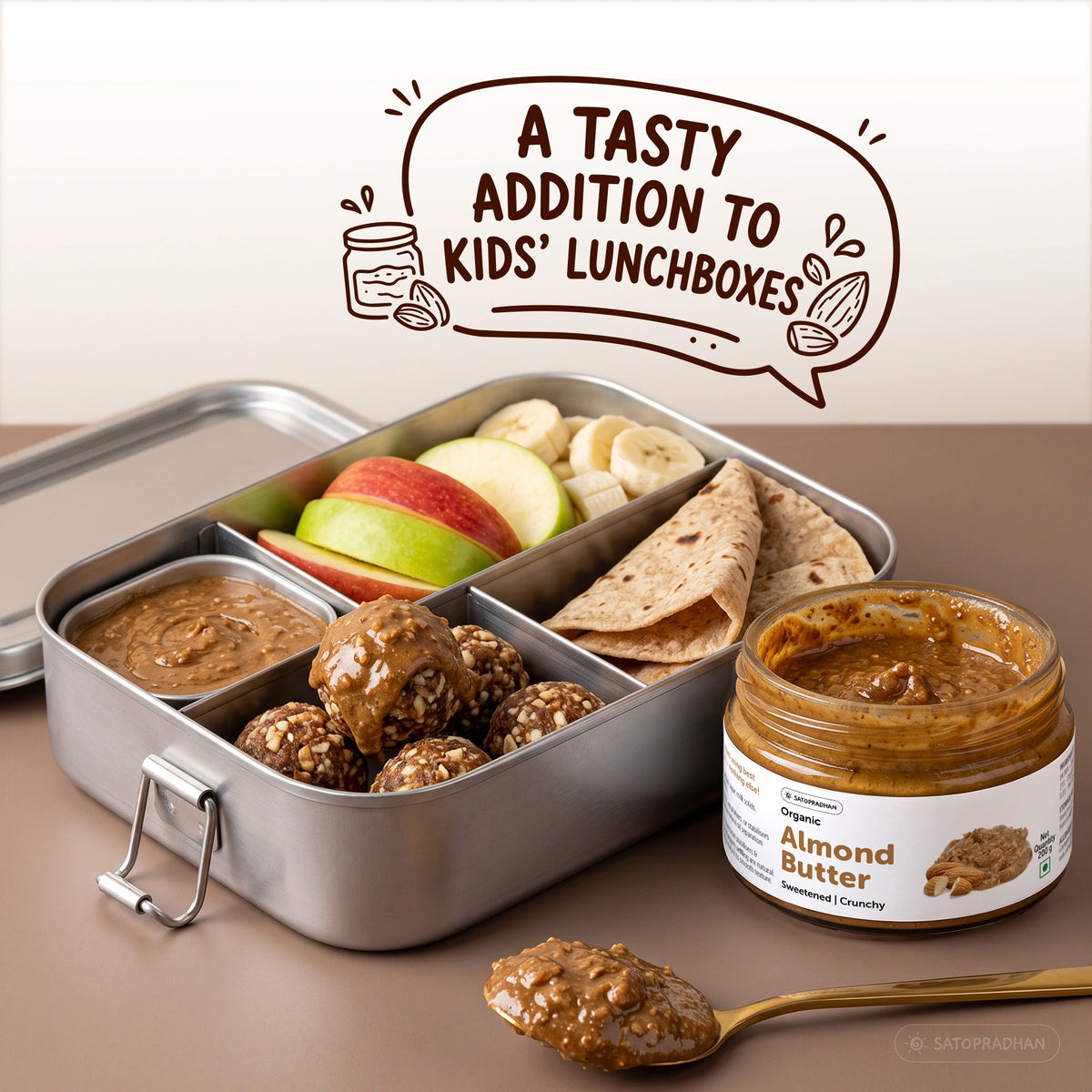 Organic Almond Butter Crunchy 200g - Sweetened with Jaggery - No Palm Oil - Roasted Almond Spread