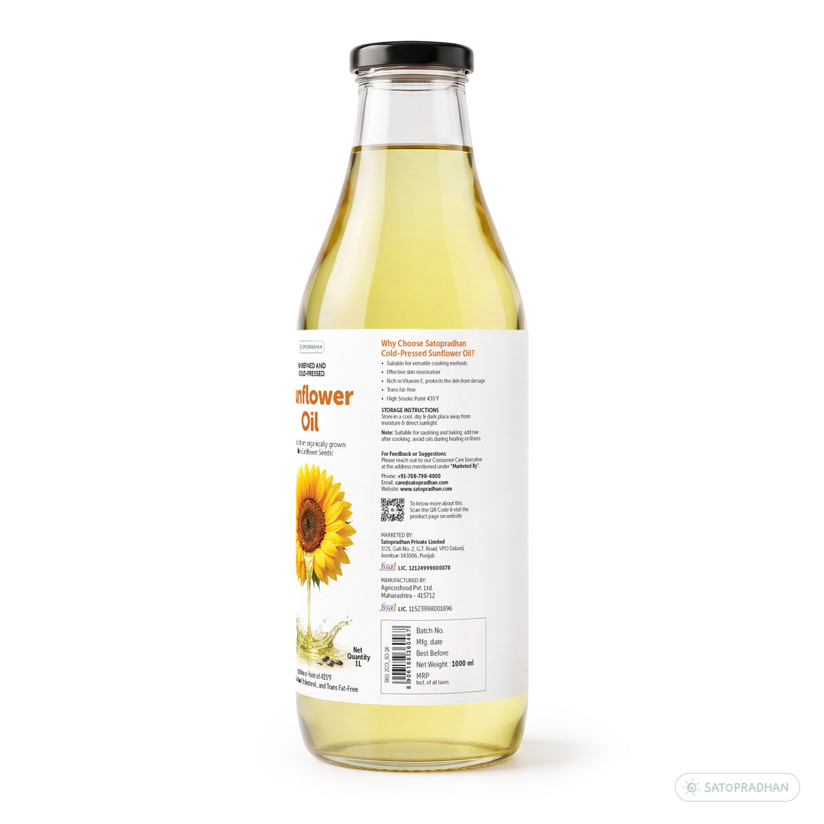 Organic Sunflower Oil 1000ml - Pure, Unrefined, Single-Filtered, Virgin & Wooden Cold-Pressed (Kacchi Ghani) Without Preservatives | Reusable Glass Bottle