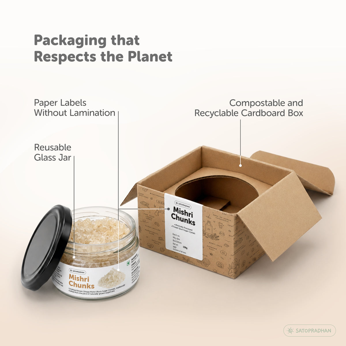 Eco-friendly Packaging | Brown Dhaga Mishri Chunks 150g – Rock Sugar Crystals - Unrefined, Chemical-Free Sweetener