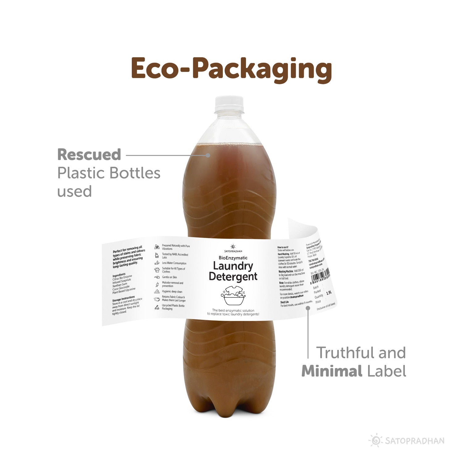 Eco-friendly upcycled bottle packaging for natural laundry liquid, designed to reduce waste and support sustainability