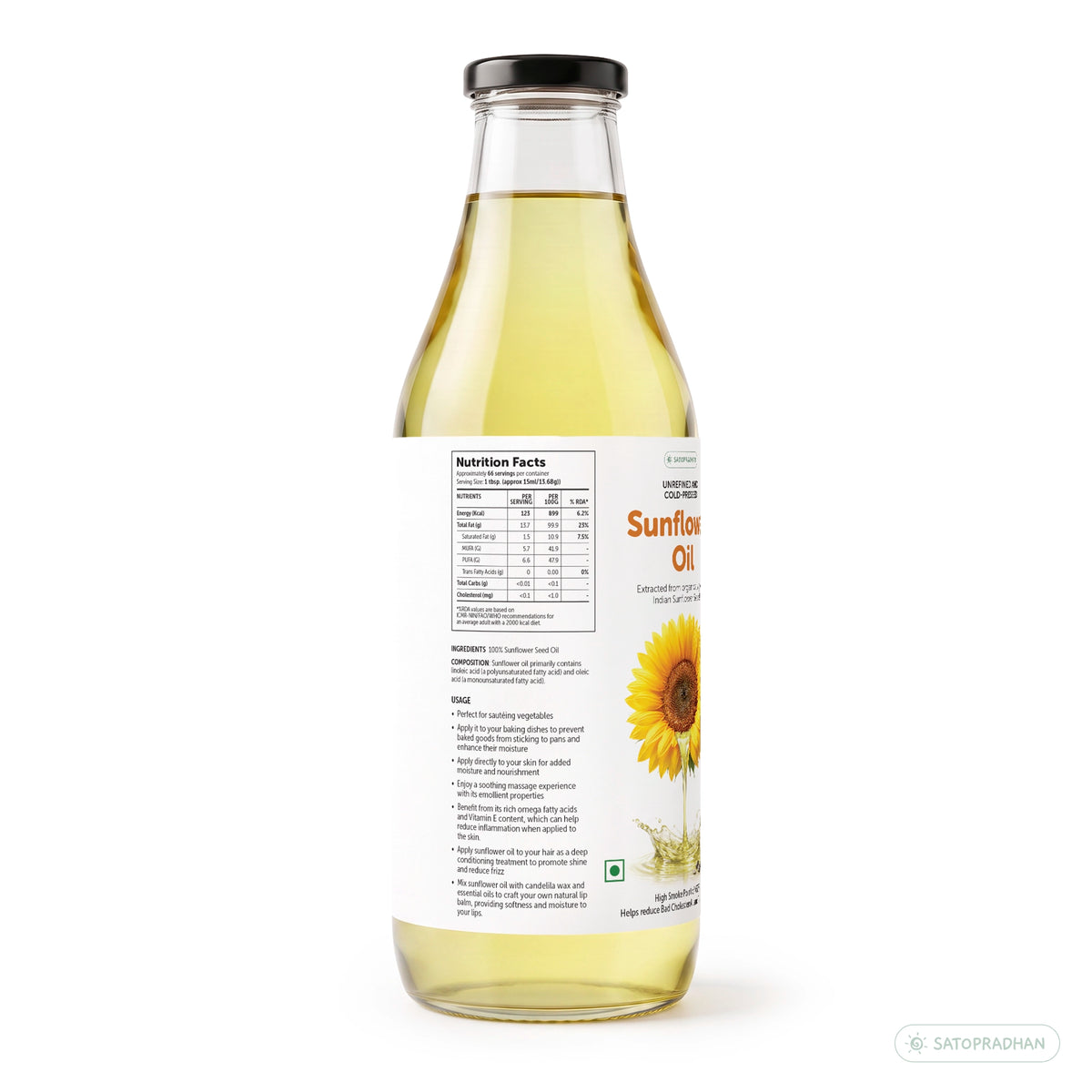Organic Sunflower Oil 1000ml - Pure, Unrefined, Single-Filtered, Virgin & Wooden Cold-Pressed (Kacchi Ghani) Without Preservatives | Reusable Glass Bottle