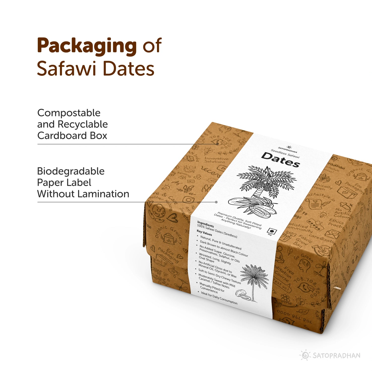 Seedless Safawi Dates 800g - Premium Organic Saudi Arabian Dates - Natural Black Khajoor - No Added Sugar or Preservatives - Pitted Safawi Dates, Packaging Preview, Eco-Packaging, Cardboard box, eco, earth friendly