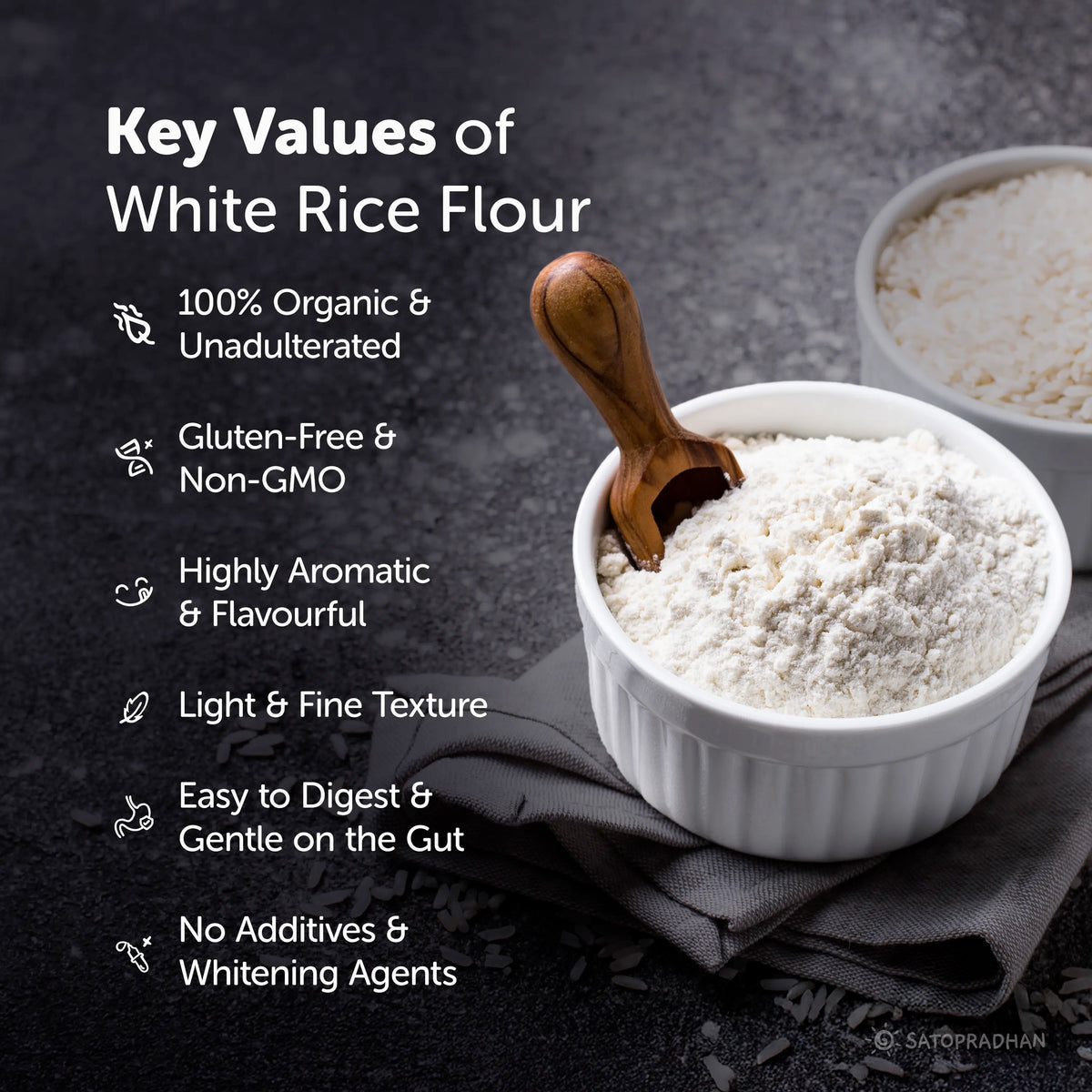 Organic Rice Flour 800g - Made from Premium White Indrayani Rice -  Traditionally Stone-Ground Chawal ka Atta - Gluten-Free, Preservative-Free & Chemical-Free, Key Values