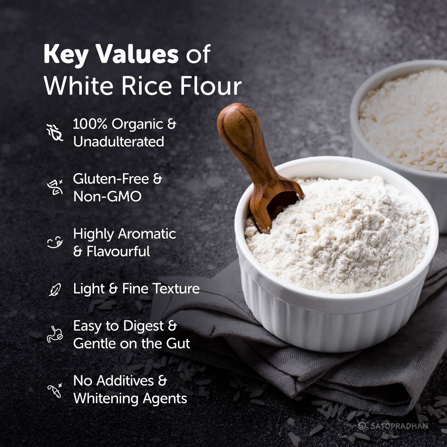 Organic Rice Flour 800g - Made from Premium White Indrayani Rice -  Traditionally Stone-Ground Chawal ka Atta - Gluten-Free, Preservative-Free & Chemical-Free, Key Values