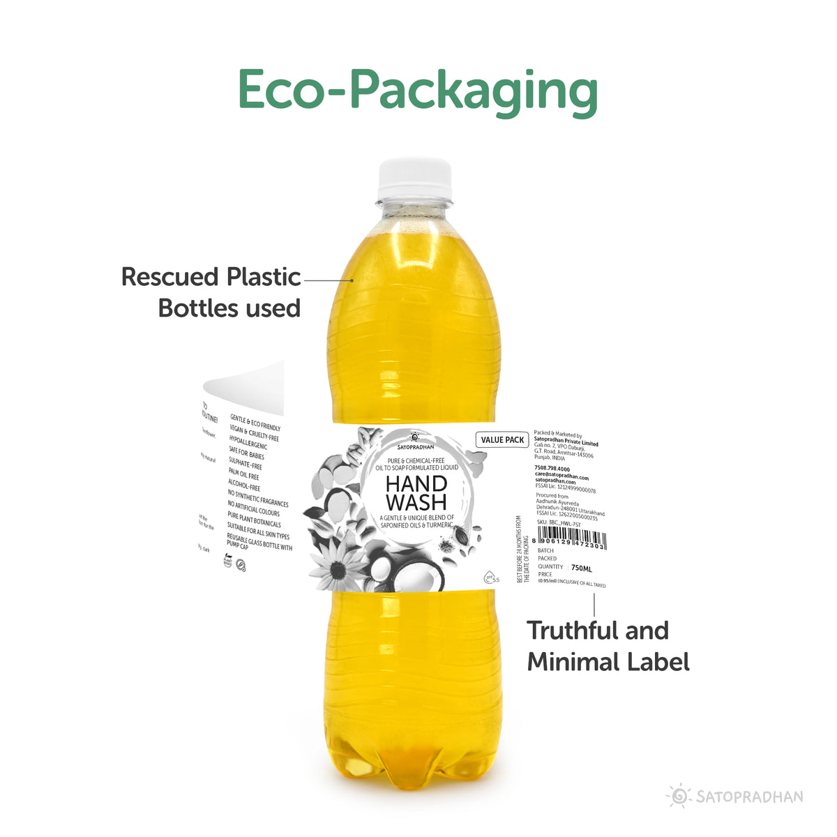 750ml refill pack of natural handwash in a rescued plastic bottle, promoting sustainability and reducing environmental waste