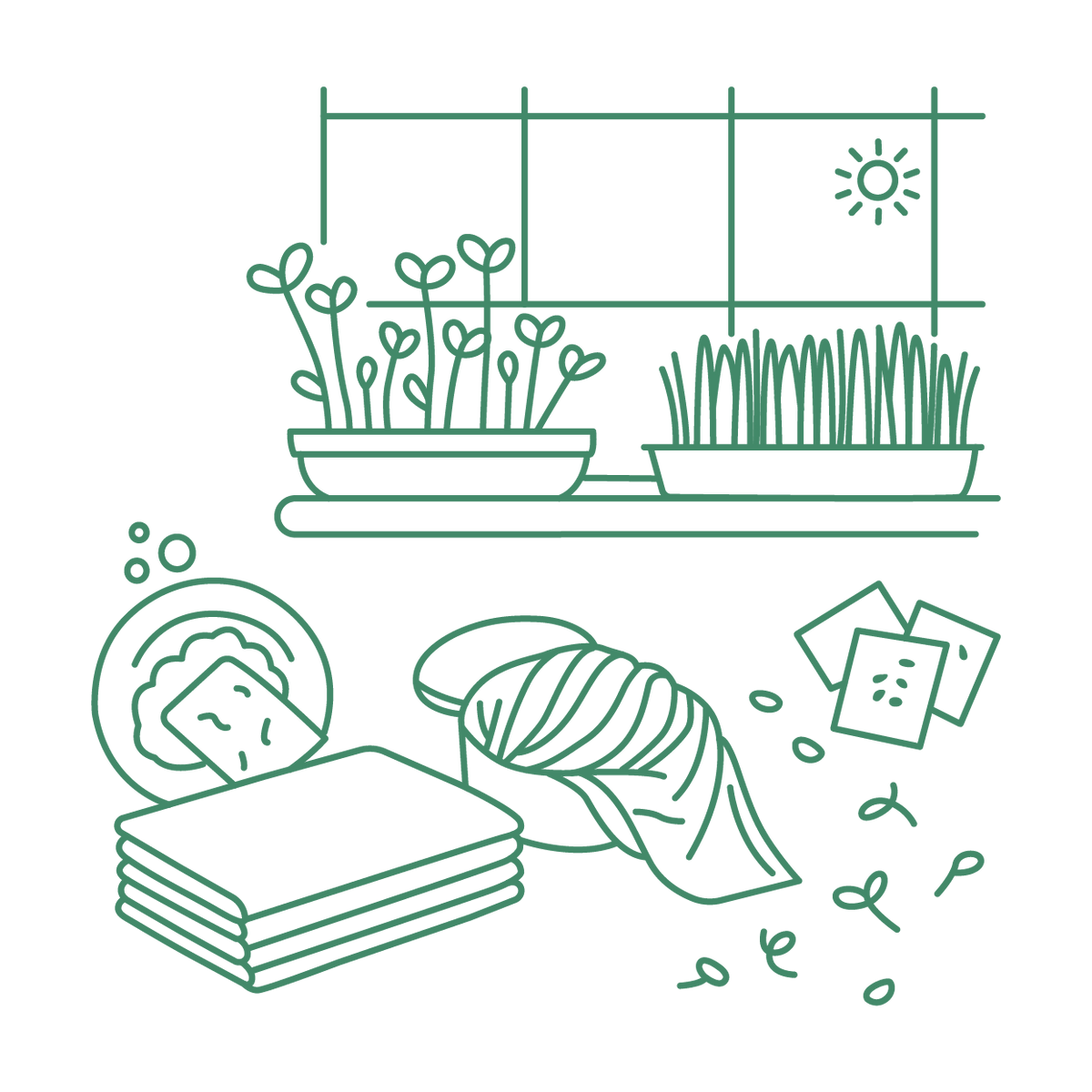 Illustration of bread, plants, and a sun on a white background