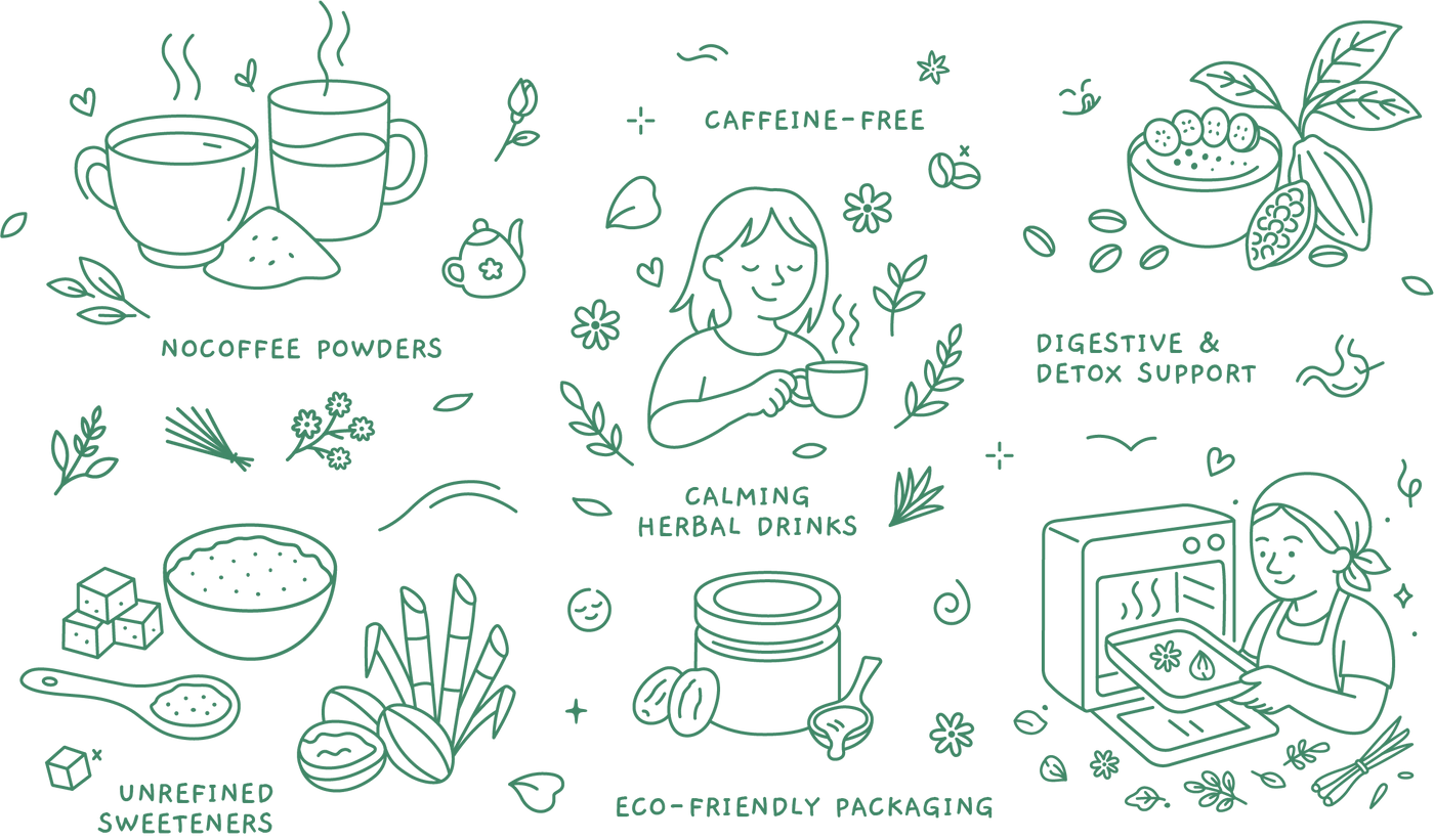 Illustrations of a woman drinking tea, coffee cups, and health-related items on a green background.