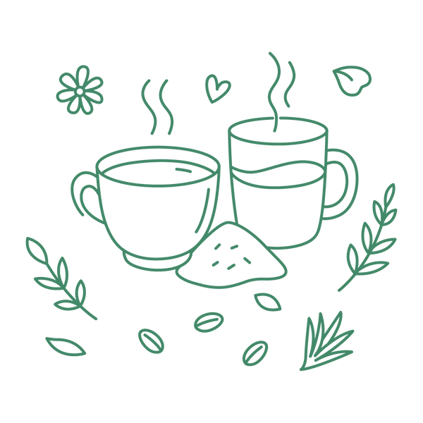 Illustration of two tea cups with leaves, flowers, and steam on a white background