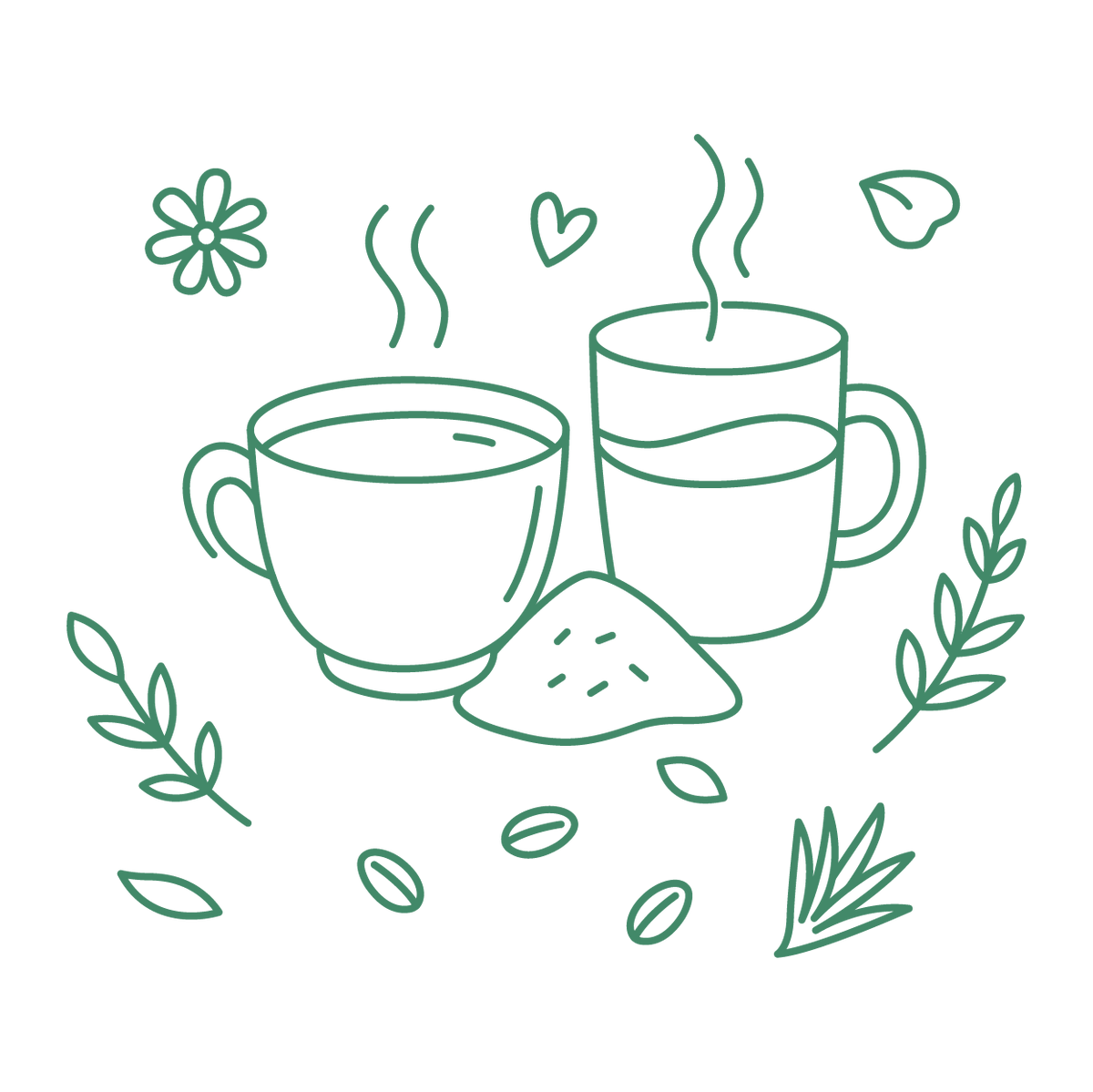 Illustration of two tea cups with leaves, flowers, and steam on a white background
