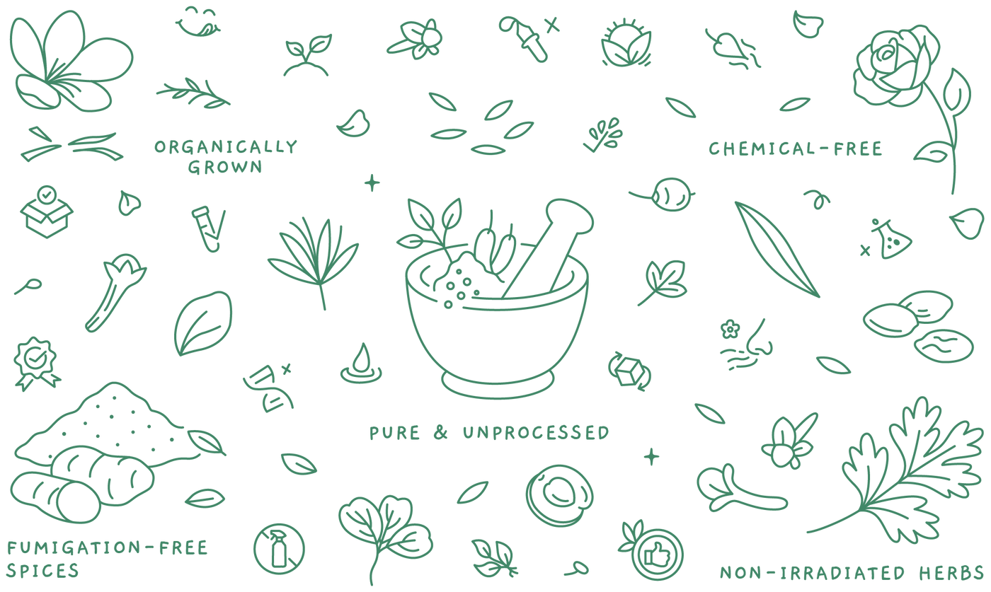Pattern of green line art illustrations on a teal background with text about organic and chemical-free herbs and spices products.