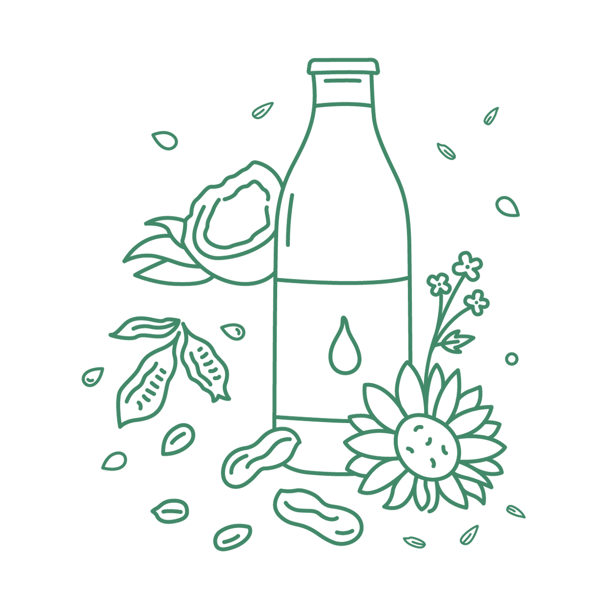Illustration of a cooking oil bottle with a sunflower, ground nuts, coconut, mustard and other seeds on a white background