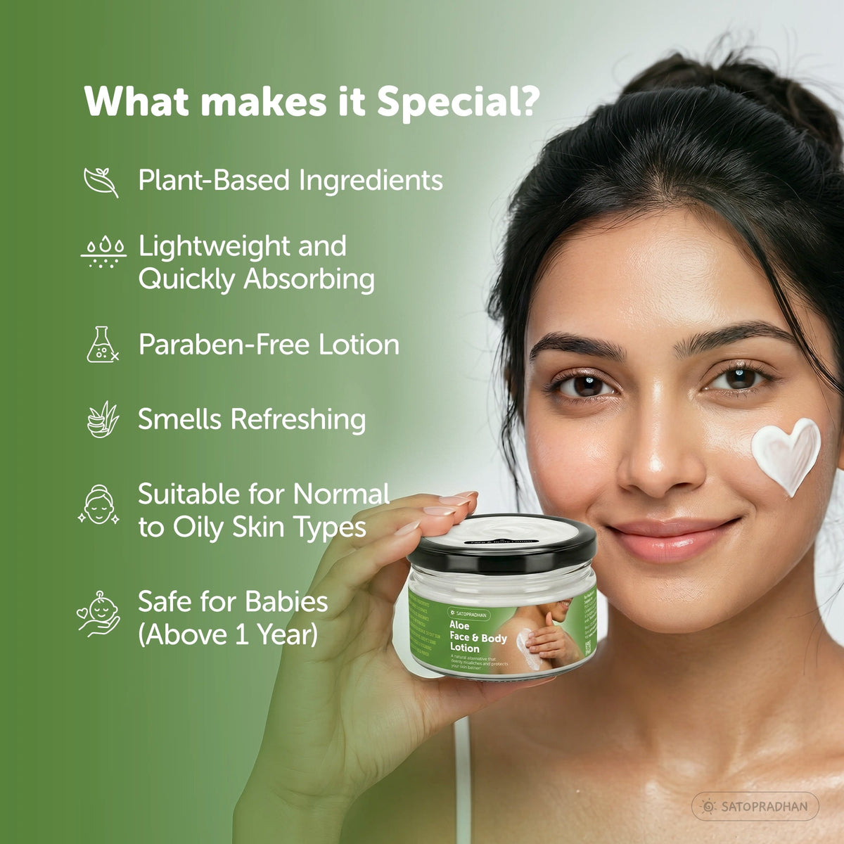 Aloe Face & Body Lotion 200ml - Lightweight & Non Sticky Moisturiser - Face & Body Cream - Natural, Pure & Vegan - Non- Toxic Face Lotion - Plant-Based Moisturizer - Satopradhan