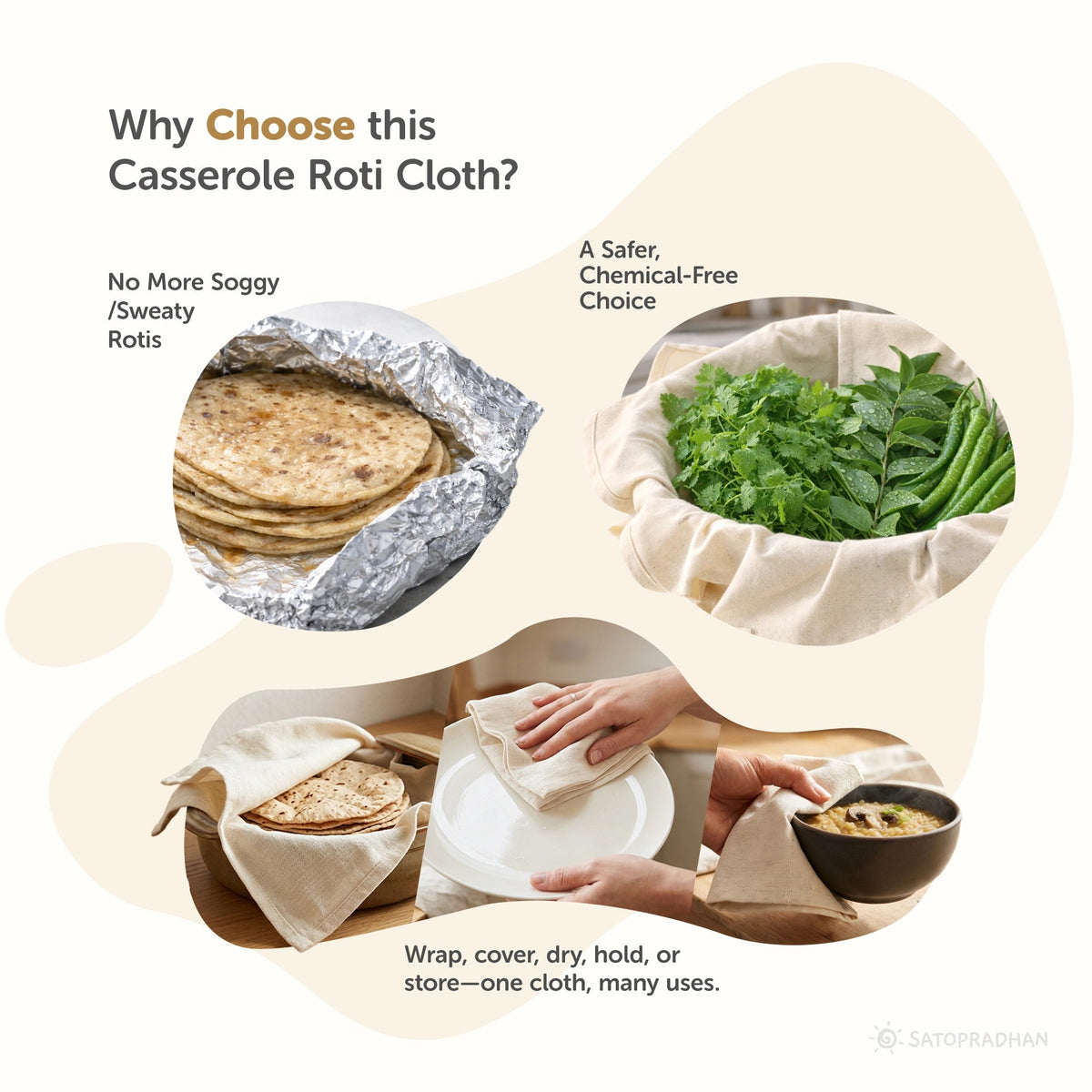 Casserole Roti Wrap Cloth - Set of 4 - Unbleached, Undyed & Breathable - Roti Cloth for Casserole - Satopradhan