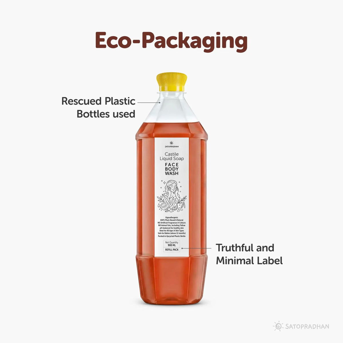 Castile Face & Body Wash – 200ml Glass Bottle / 900ml Refill in Upcycled Plastic Bottle – Natural Liquid Soap – Gentle Multi-Purpose Cleanser for Sensitive, Dry & Acne-Prone Skin - Shampoo for Dry Hair - Satopradhan