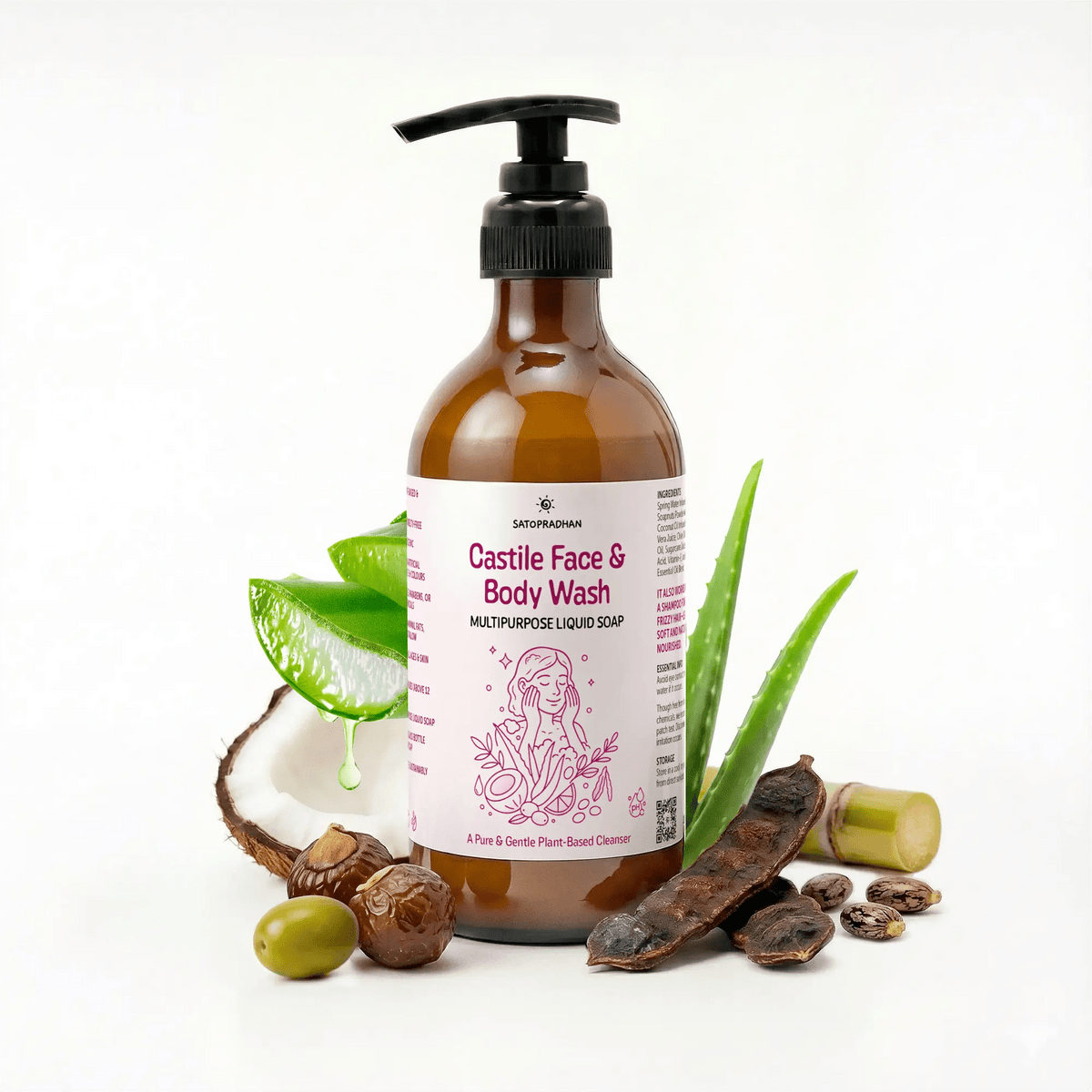 Castile Face & Body Wash – 200ml Glass Bottle / 900ml Refill in Upcycled Plastic Bottle – Natural Liquid Soap – Gentle Multi-Purpose Cleanser for Sensitive, Dry & Acne-Prone Skin - Shampoo for Dry Hair - Satopradhan