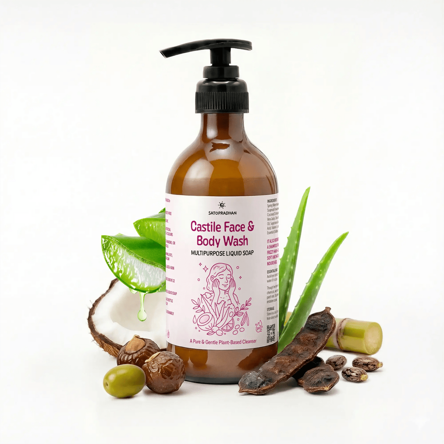 Castile Face & Body Wash – 200ml Glass Bottle / 900ml Refill in Upcycled Plastic Bottle – Natural Liquid Soap – Gentle Multi-Purpose Cleanser for Sensitive, Dry & Acne-Prone Skin - Shampoo for Dry Hair - Satopradhan