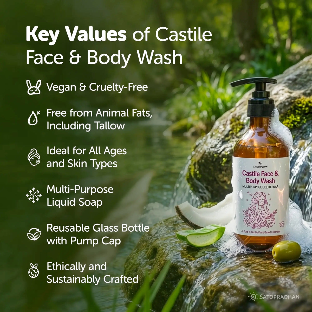 Castile Face & Body Wash – 200ml Glass Bottle / 900ml Refill in Upcycled Plastic Bottle – Natural Liquid Soap – Gentle Multi-Purpose Cleanser for Sensitive, Dry & Acne-Prone Skin - Shampoo for Dry Hair - Satopradhan