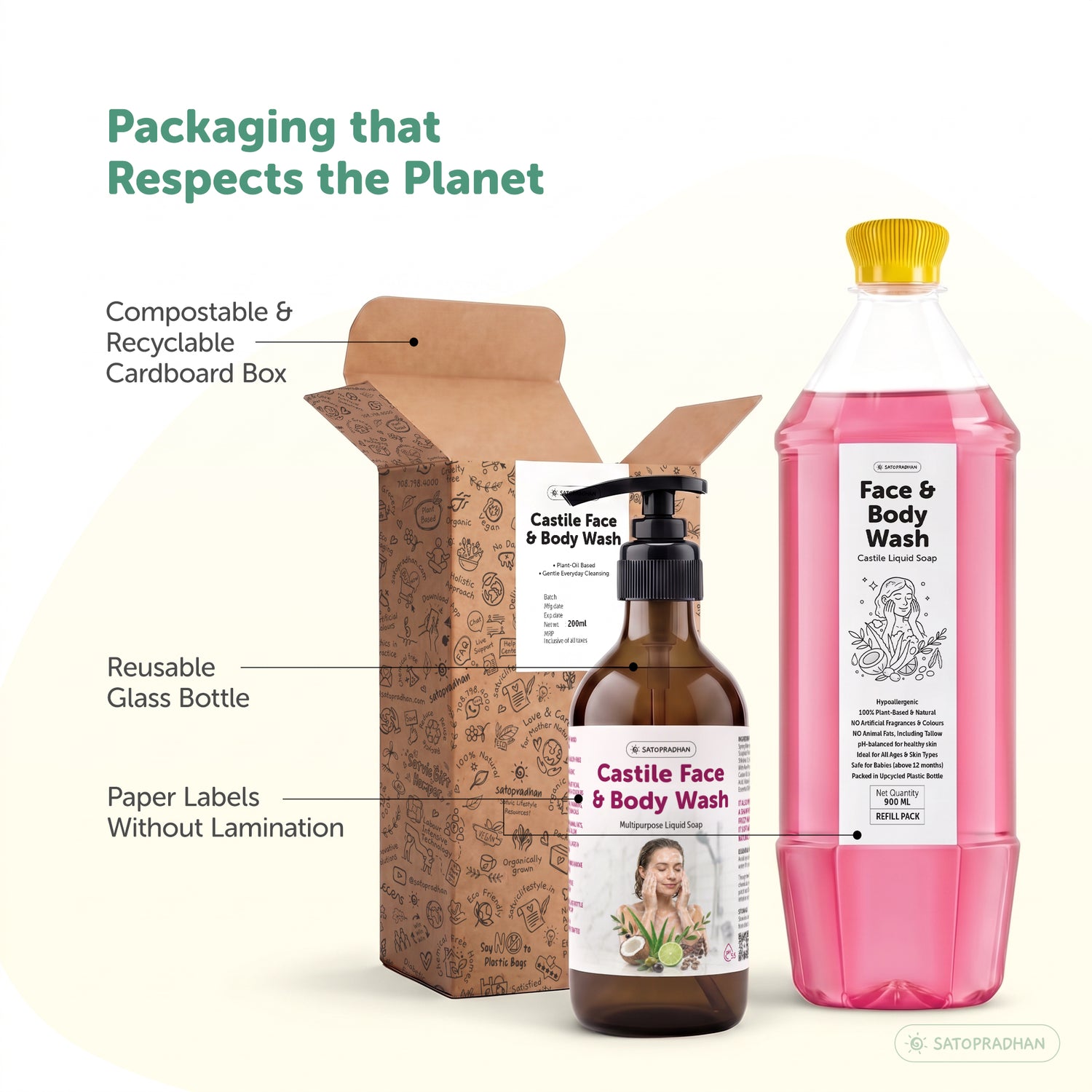 Satopradhan Castile Face and Body Wash in reusable glass packaging with cardboard packaging designed to reduce plastic waste.