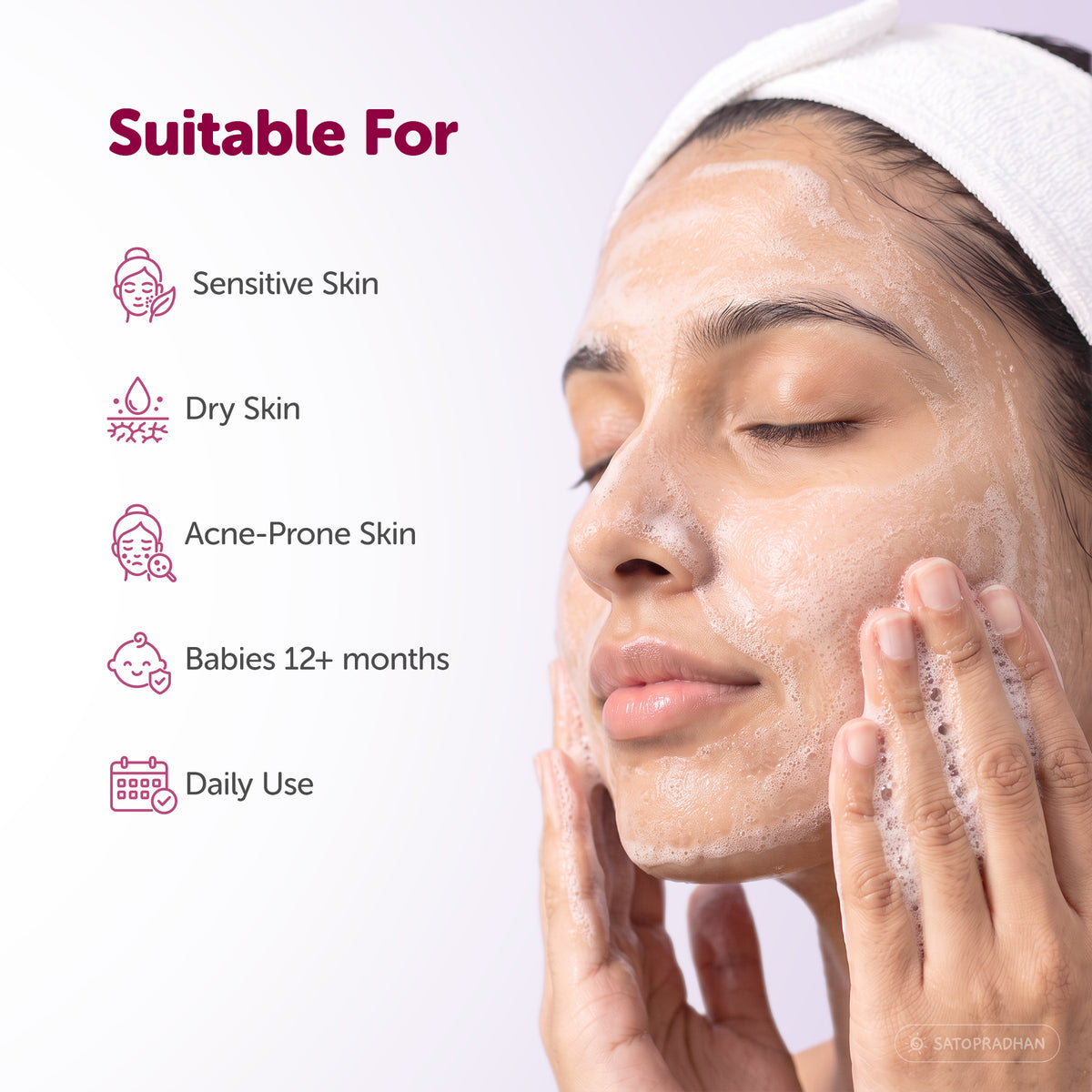 Satopradhan Natural Castile Face Wash for everyday cleansing, with suitability information for different skin types.